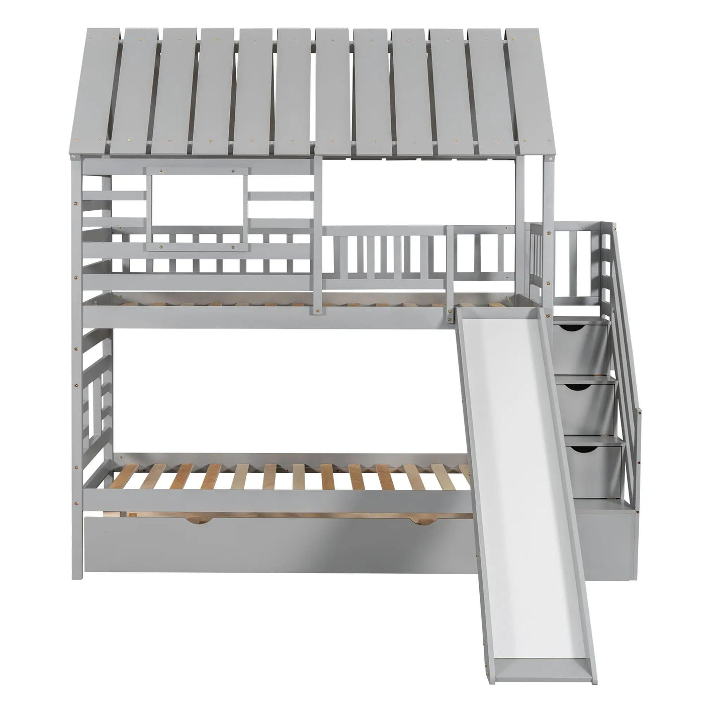 House Bunk Bed With Trundle, Storage Staircase, Roof And Window Design by Unique Piece Furniture