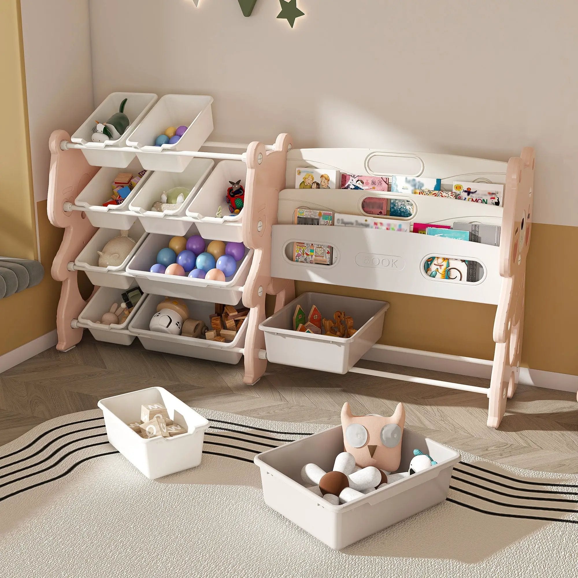 Kids Toy Storage Organizer With 2 Tier Bookshelf, Toy Storage With 12 Bins by Unique Piece Furniture
