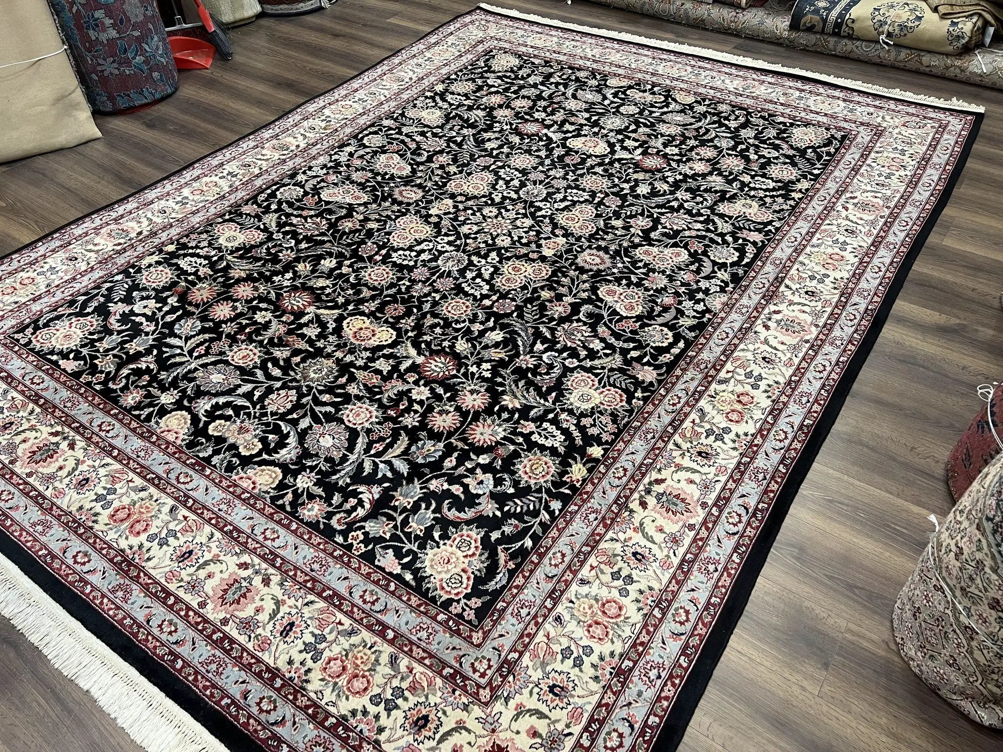 Pak Persian Rug 9x12, Floral Allover, Hand Knotted Oriental Carpet 9 x 12 ft, Black and Cream, Detailed, Wool with Silk Highlights, Vintage by Jewel Rugs