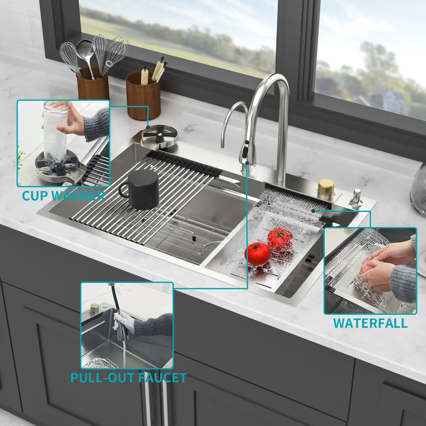 Waterfall Kitchen Sink With Pull Out Faucet & Cup Washer by HouseOfZazla