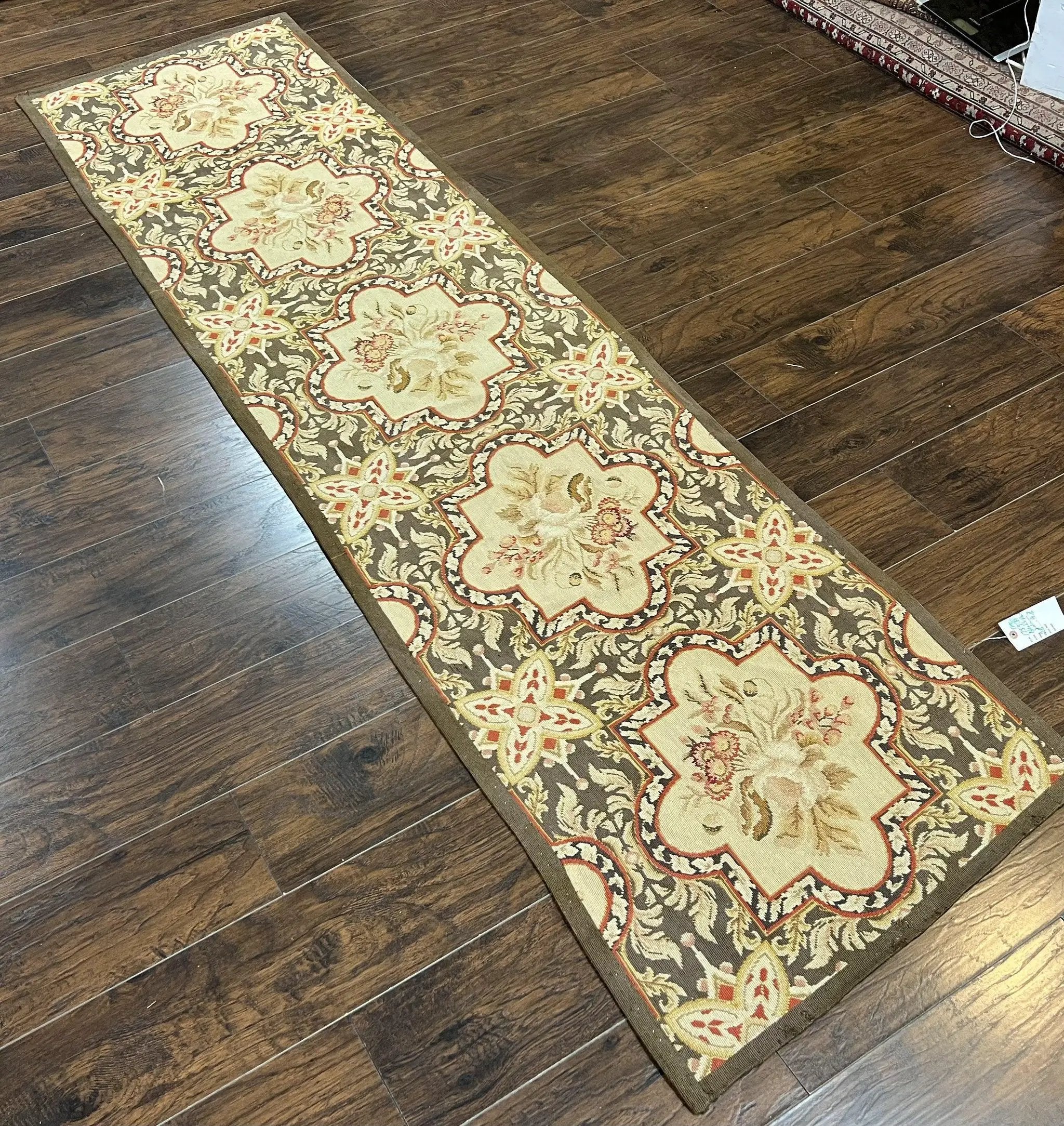 Needlepoint Runner Rug 2.8 x 9.8, Brown and Beige, Handwoven Handmade Floral French European Design, Vintage Flatweave 10ft Wool Runner Rug by Jewel Rugs