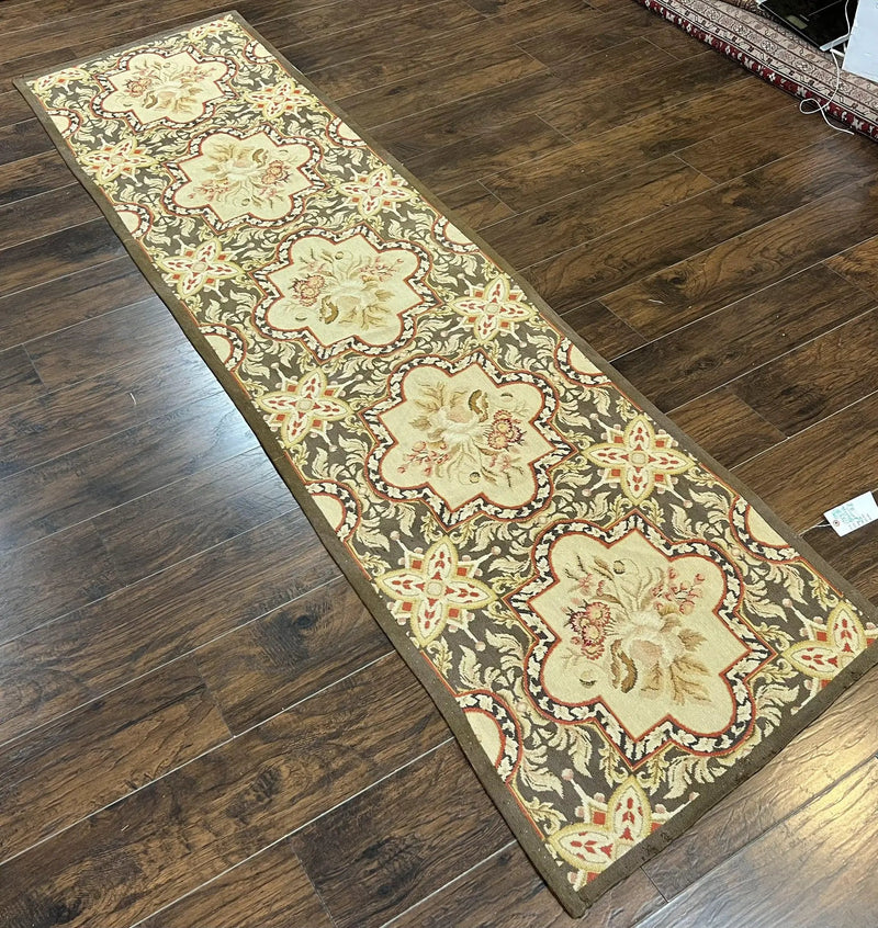 Needlepoint Runner Rug 2.8 x 9.8, Brown and Beige, Handwoven Handmade Floral French European Design, Vintage Flatweave 10ft Wool Runner Rug by Jewel Rugs