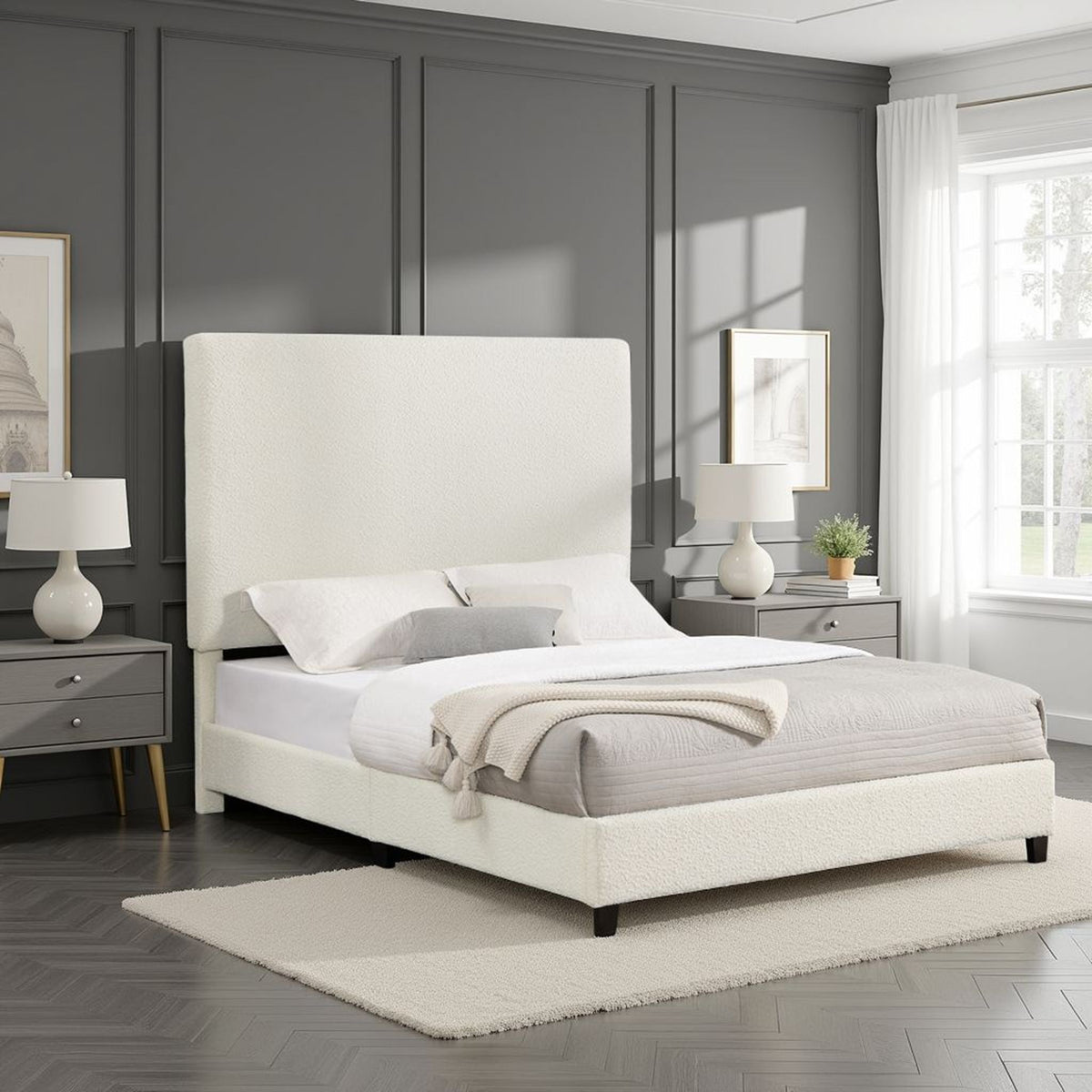Queen Upholstered Headboard Platform Bed with Solid Wood Frame - White, photo 3 of 4
