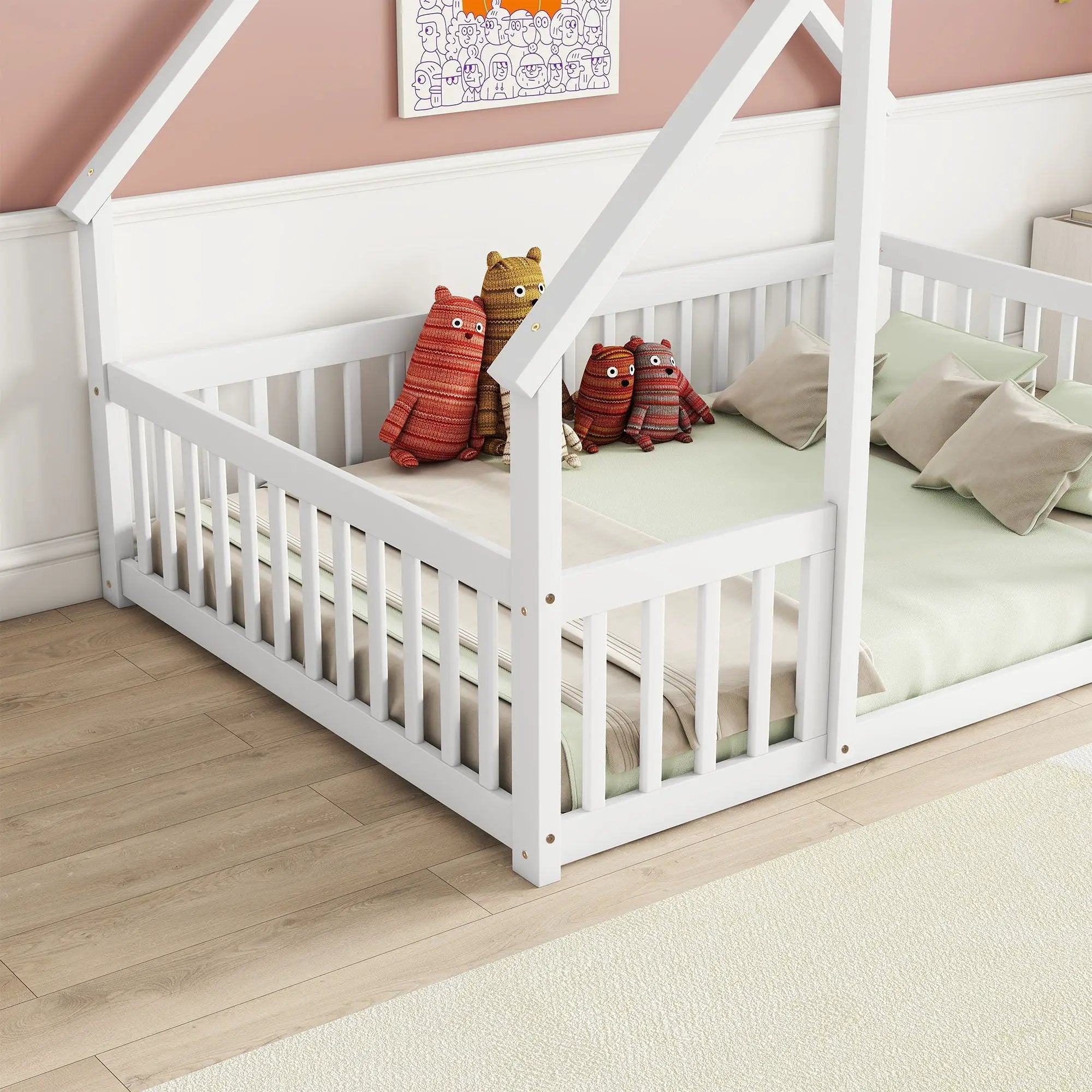 Wood House-Shaped Floor Bed With Fence, Guardrails by Unique Piece Furniture