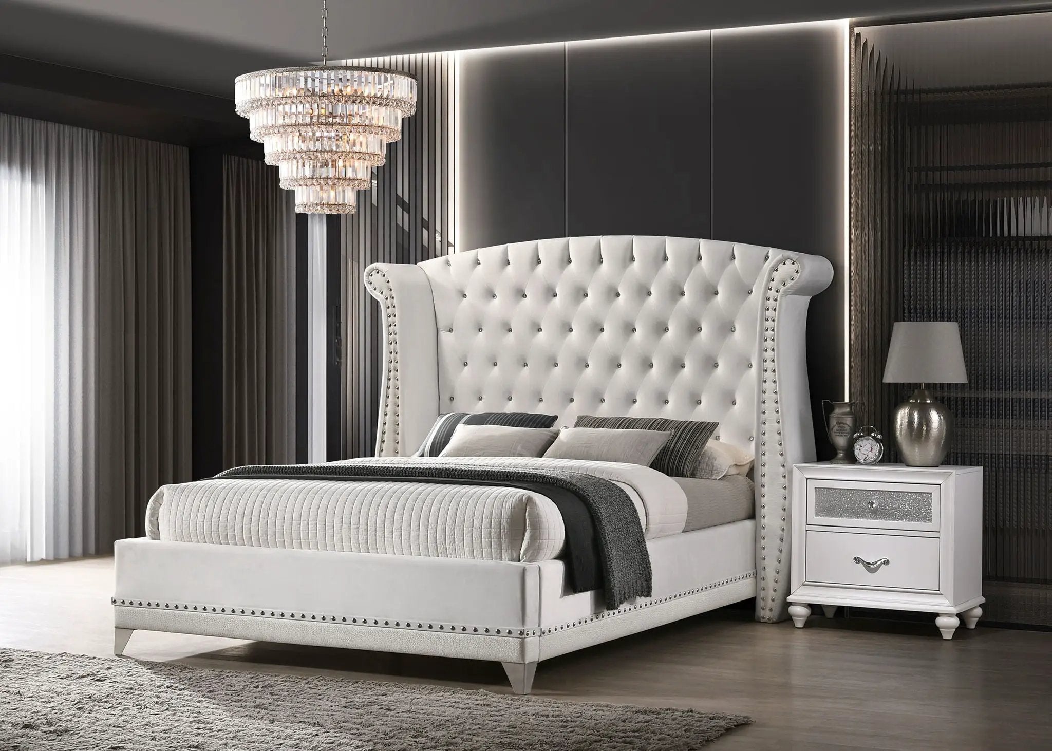 Barzini Upholstered Eastern King Wingback Bed White by Unique Piece Furniture
