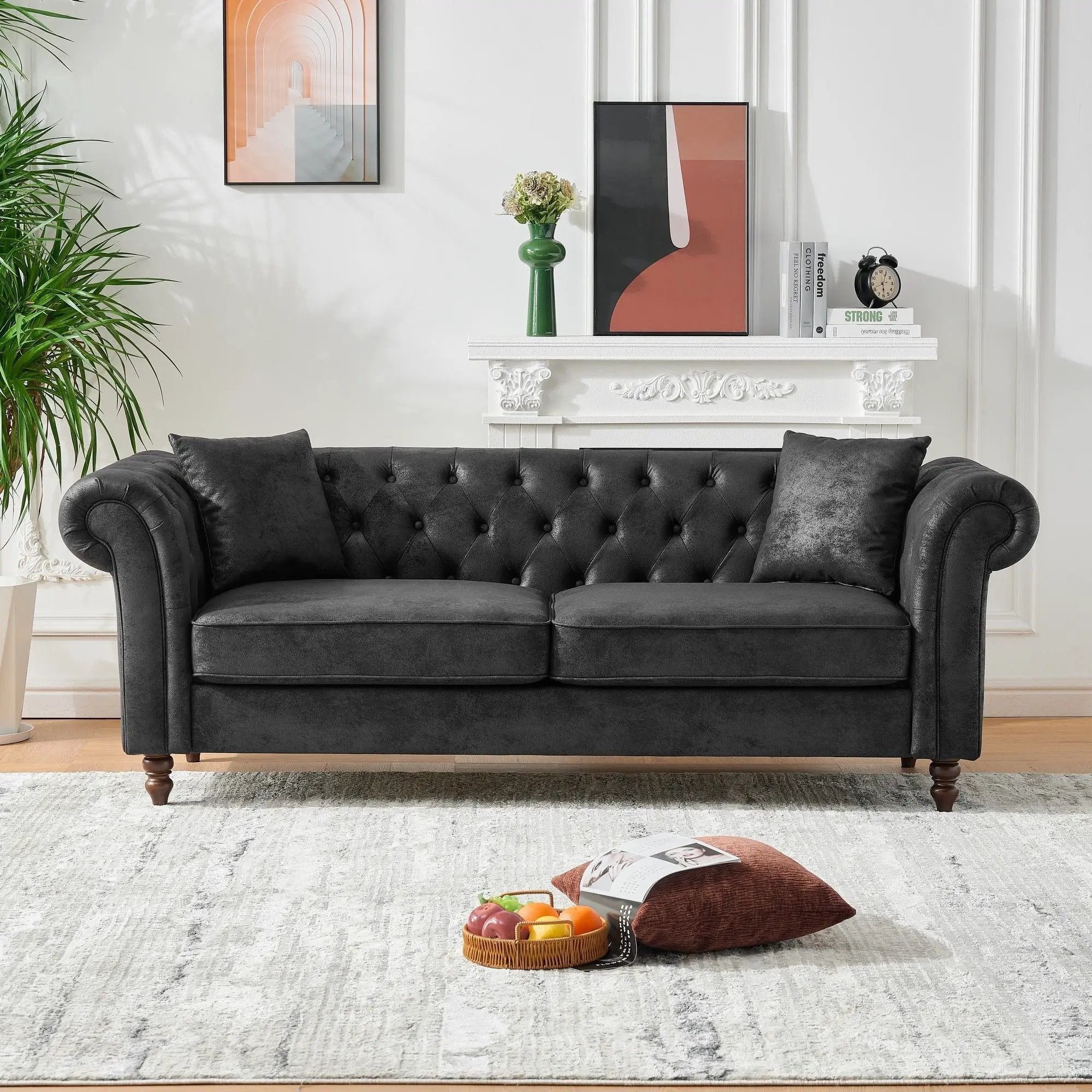 Chesterfield Sofa, High Tech Fabric Roll Armrest, 3 Seater Mid Century Modern Couch - Black by HouseOfZazla