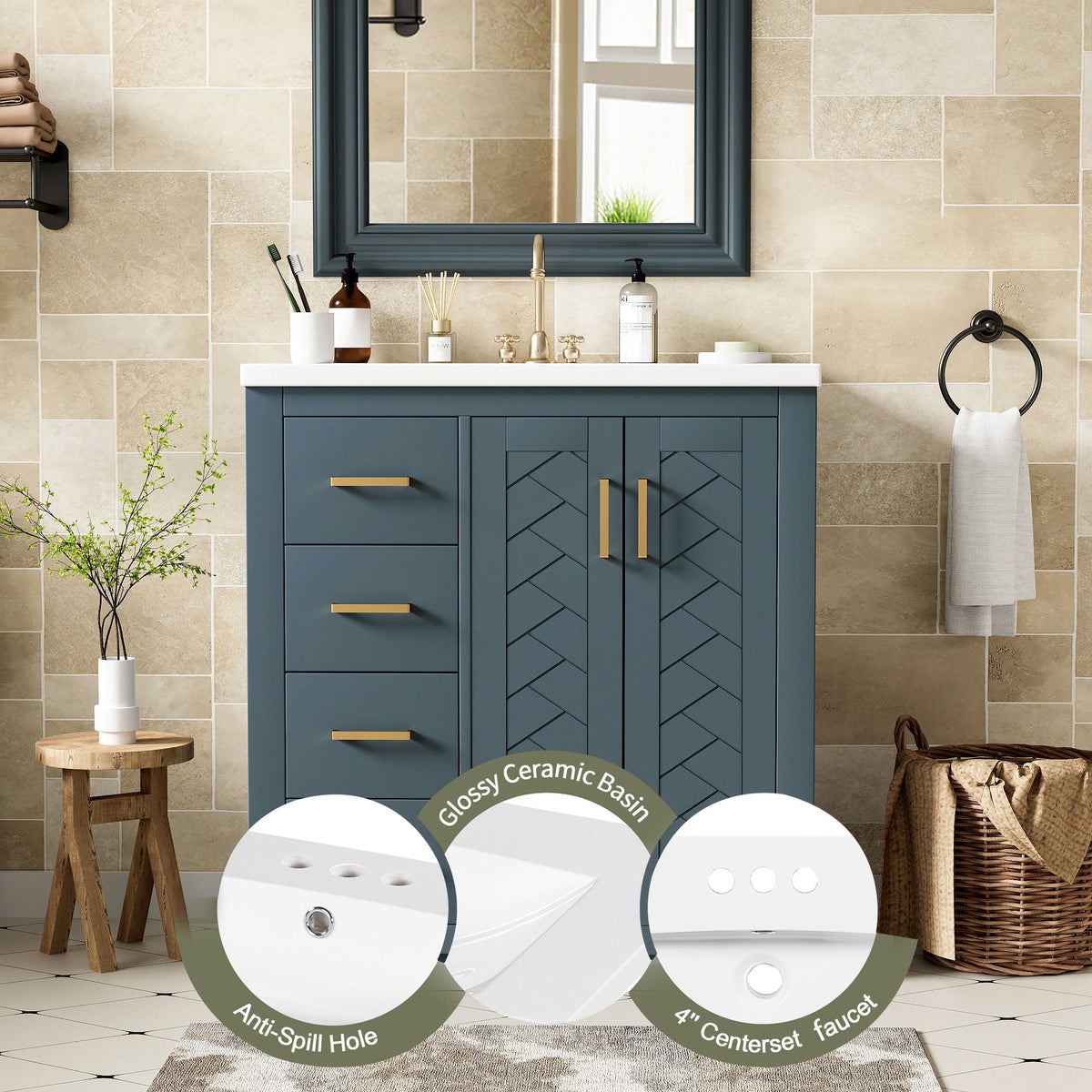 Ceramic Sink Combo, Freestanding Vanity Set With 3 Drawers & Soft Closing Doors, photo 23 of 35