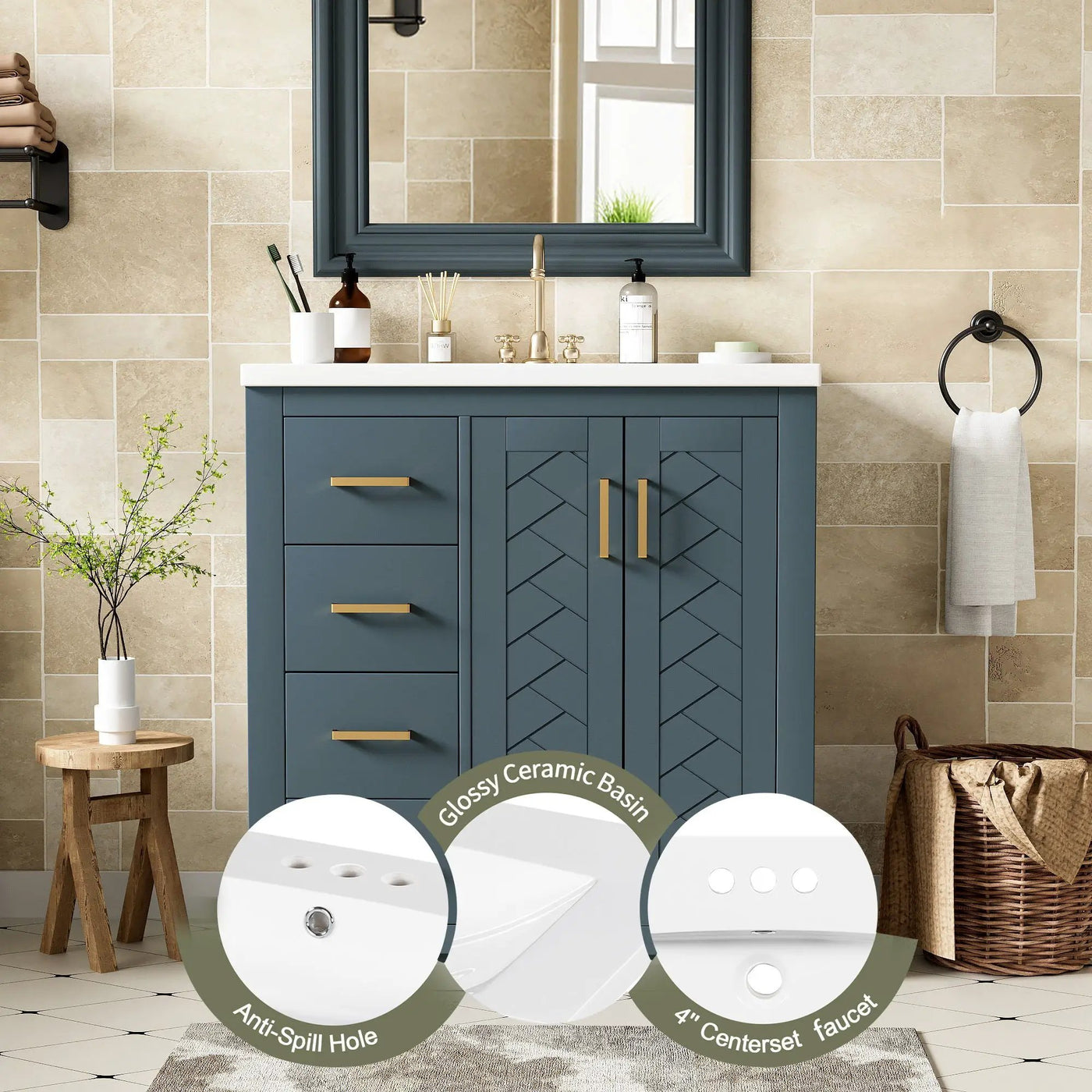 Ceramic Sink Combo, Freestanding Vanity Set With 3 Drawers & Soft Closing Doors by Unique Piece Furniture