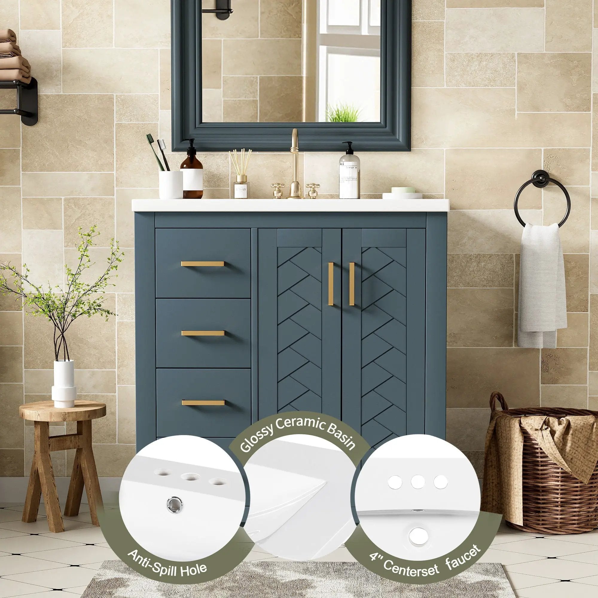Ceramic Sink Combo, Freestanding Vanity Set With 3 Drawers & Soft Closing Doors by Unique Piece Furniture