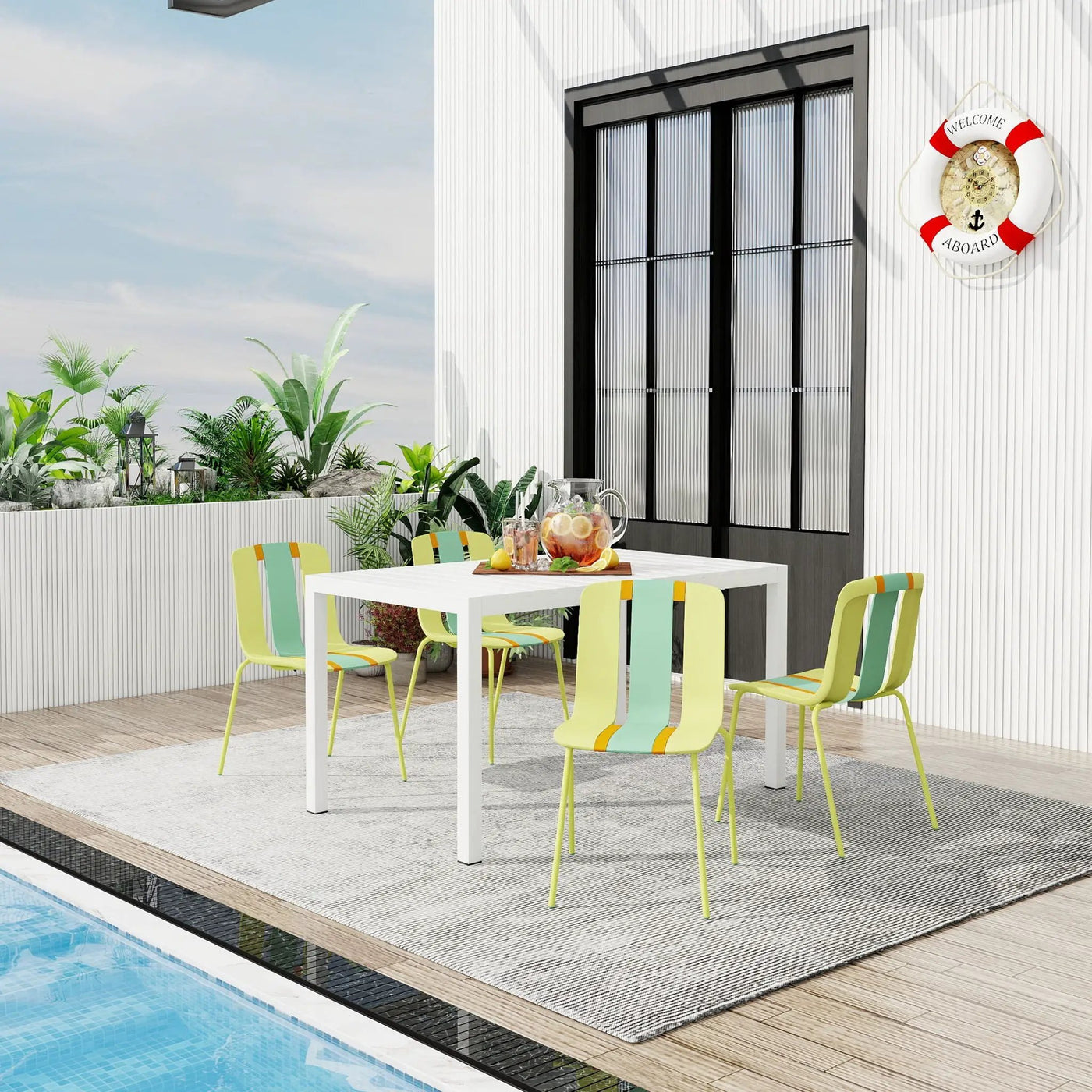 4 Piece Set Of Modern Striped Color- Blocking Single Chairs With Long Table by HouseOfZazla