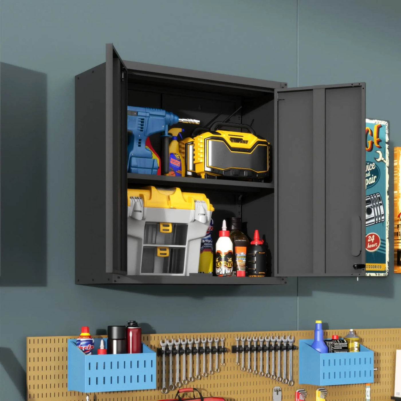 Metal Wall Mounted Tool Storage Cabinet With 2 Locking Doors, Adjustable Shelf, And Drawer by HouseOfZazla