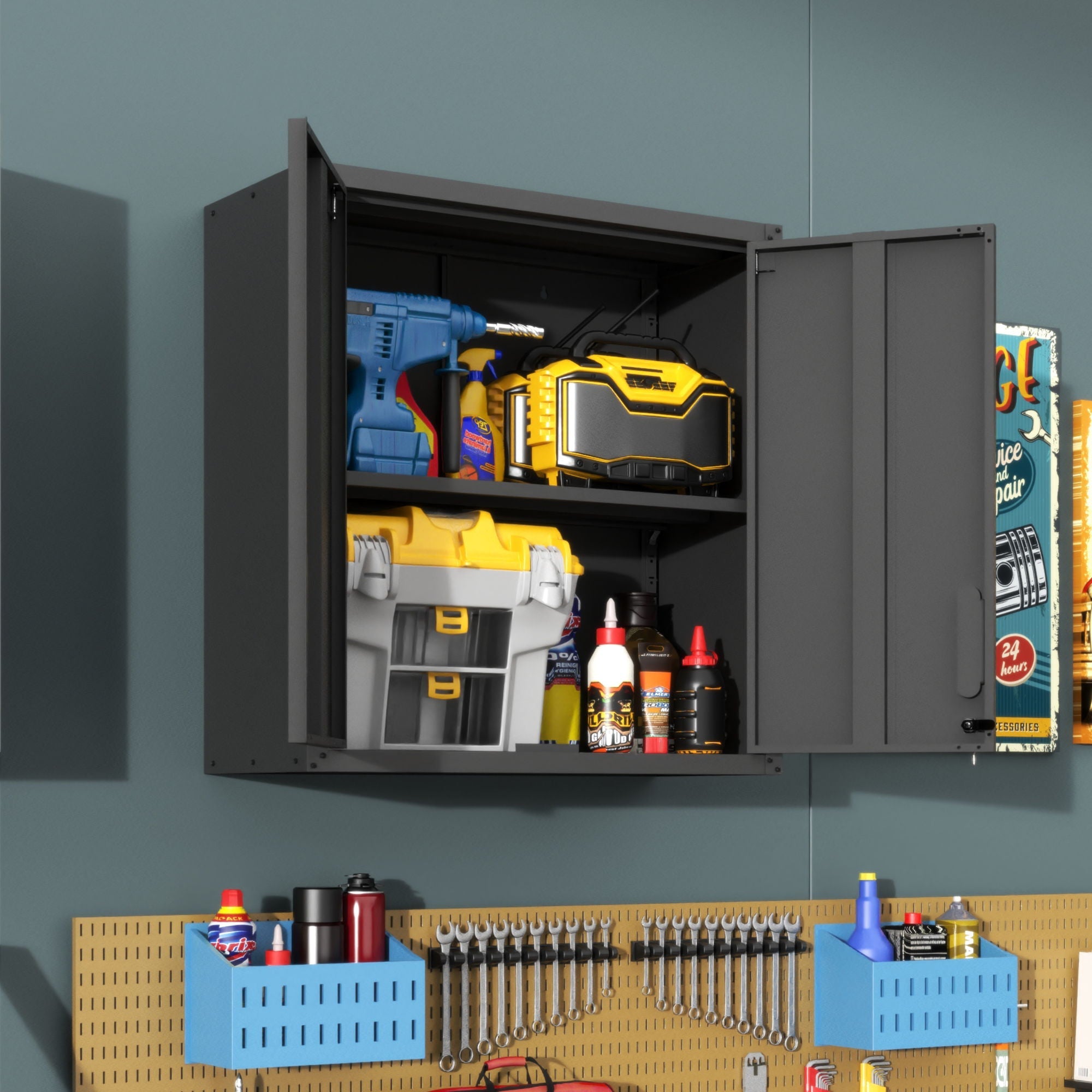 Metal Wall Mounted Tool Storage Cabinet With 2 Locking Doors, Adjustable Shelf, And Drawer by HouseOfZazla