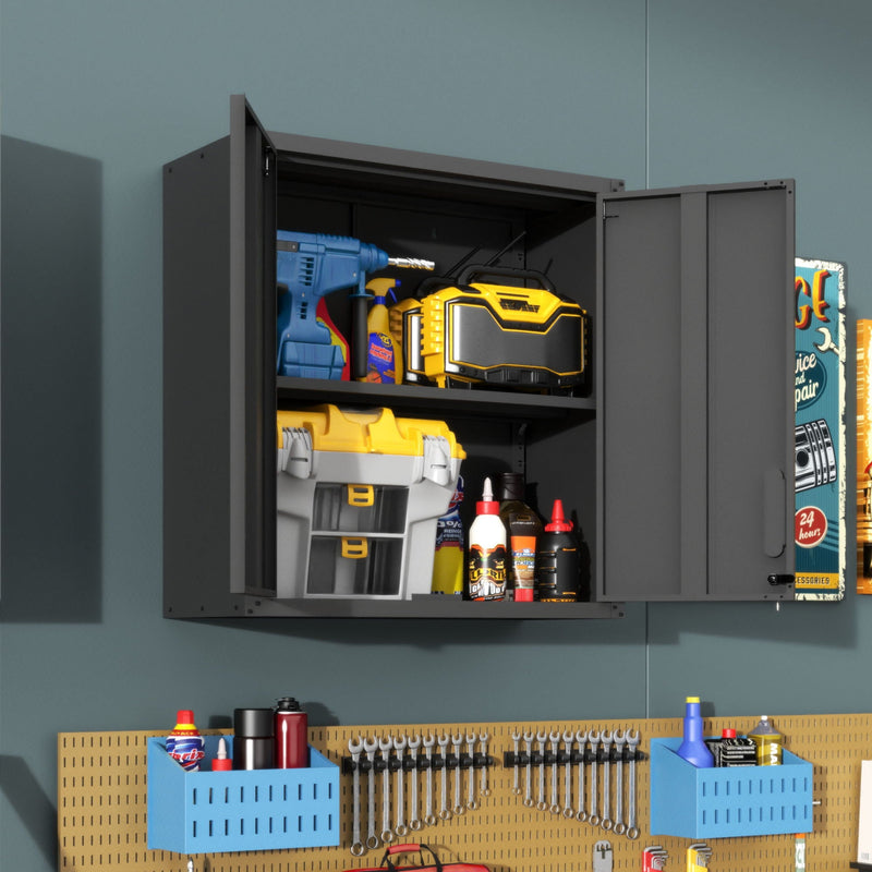 Metal Wall Mounted Tool Storage Cabinet With 2 Locking Doors, Adjustable Shelf, And Drawer by HouseOfZazla