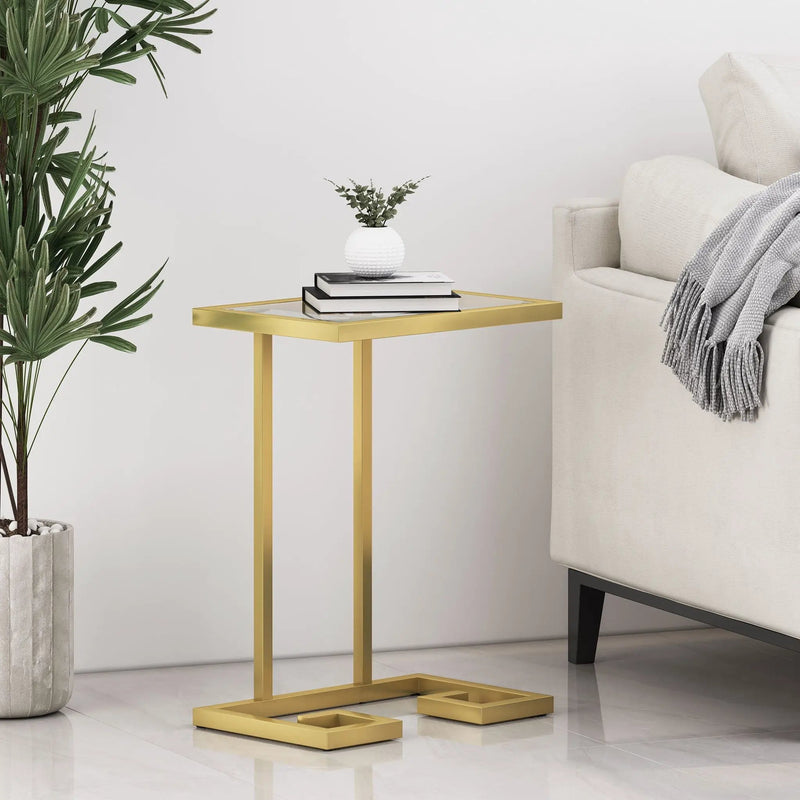 Modern Glam C Shaped End Table With Tempered Glass Top - Gold by HouseOfZazla