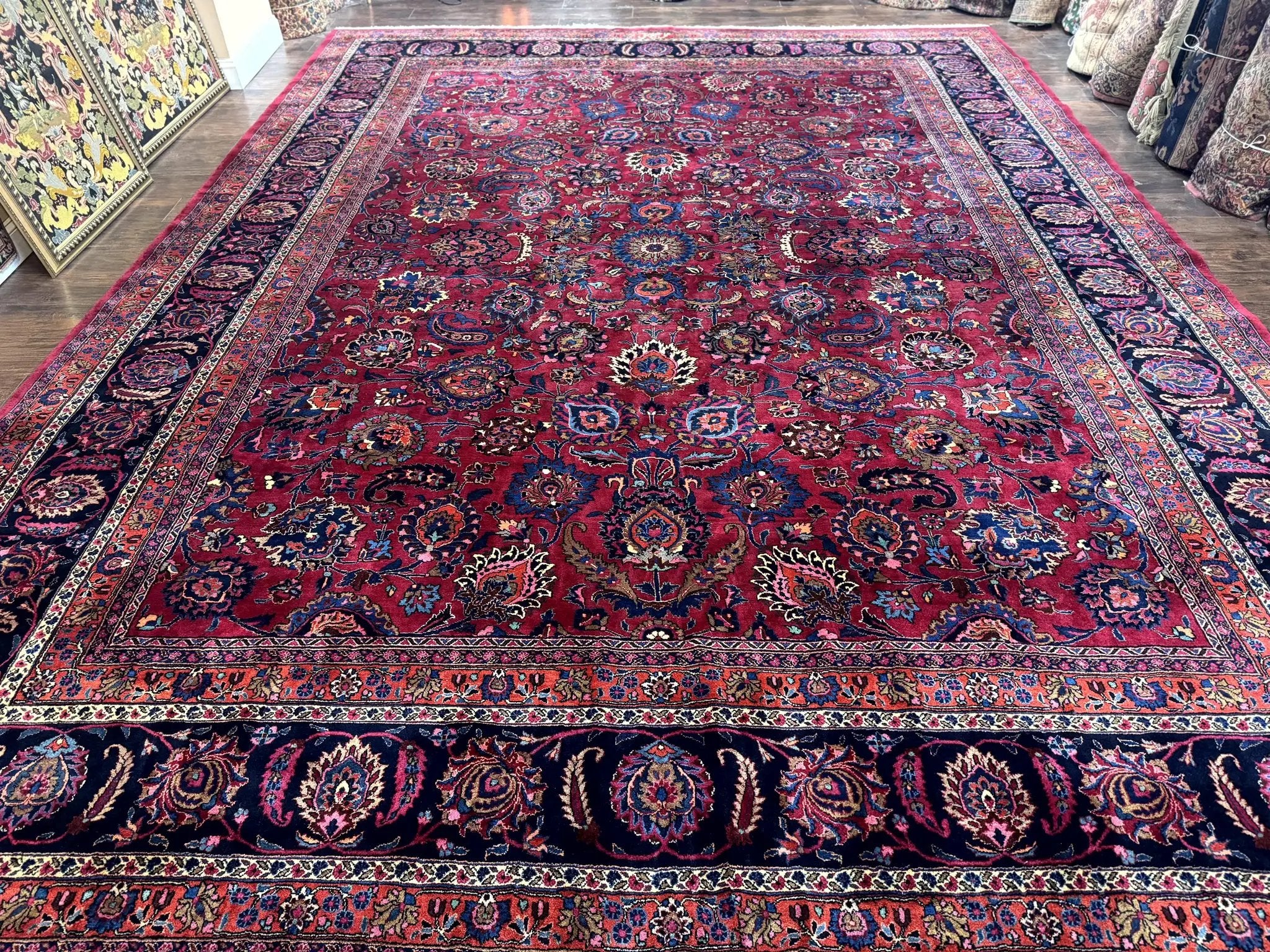 Palace Size Persian Mashad Rug 12x16, Raspberry and Navy Blue, Signature from Master Weaver, Antique Handmade Large Wool Carpet by Jewel Rugs
