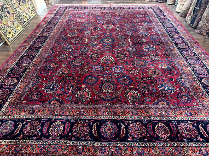 Palace Size Persian Mashad Rug 12x16, Raspberry and Navy Blue, Signature from Master Weaver, Antique Handmade Large Wool Carpet by Jewel Rugs