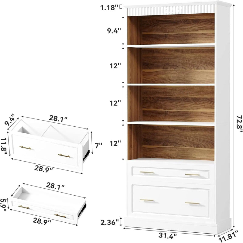5 Tier White Bookcase With 2 Drawers Storage Organizer For Living Room - White by HouseOfZazla