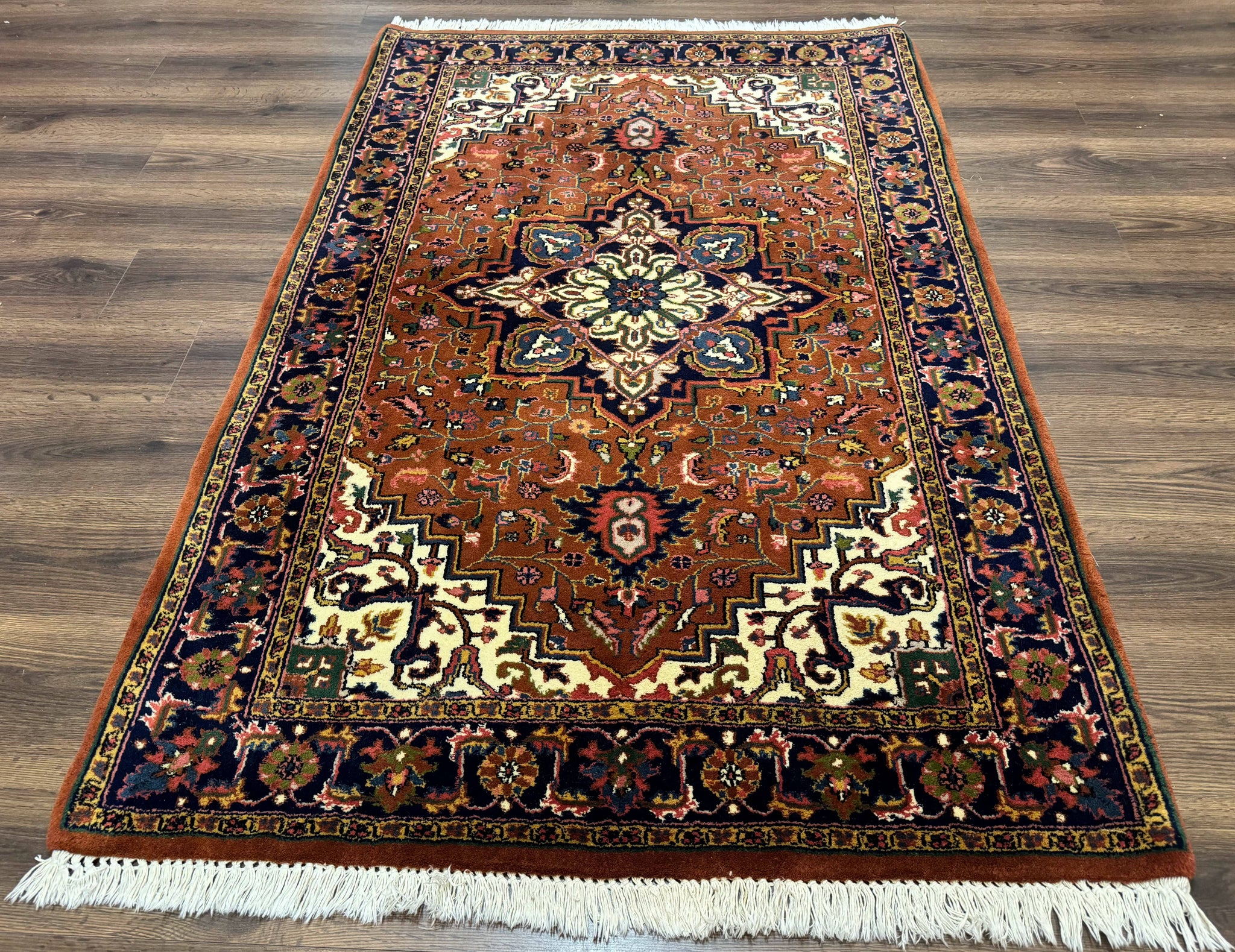 Indo Persian Heriz Rug 4x6, Rust Red Navy Blue and Cream by Jewel Rugs