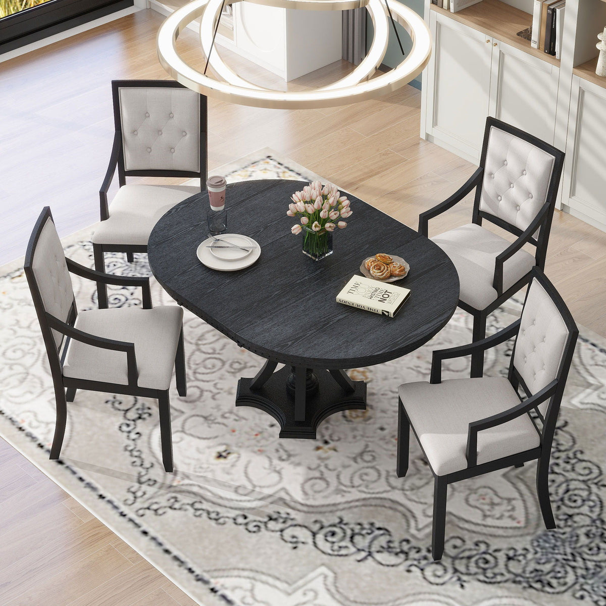 Extendable 5 Piece Dining Set with Cushioned Chairs - Black/Oak, photo 13 of 21