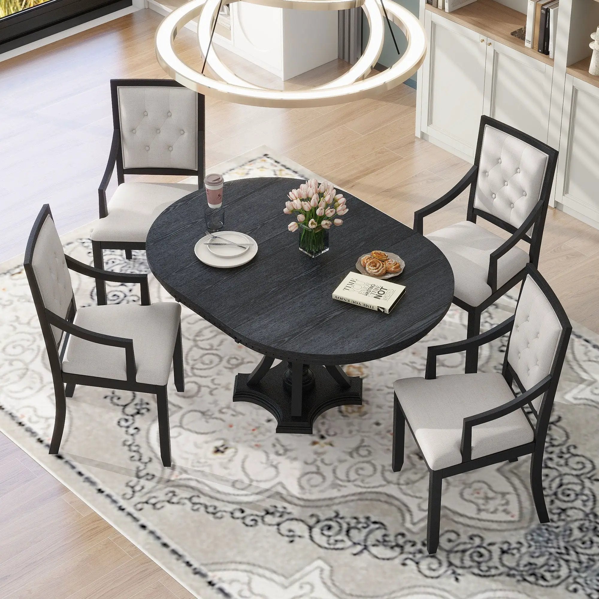 5 Piece Dining Set Extendable Round Table And 4 Chairs - Black / Oak by HouseOfZazla