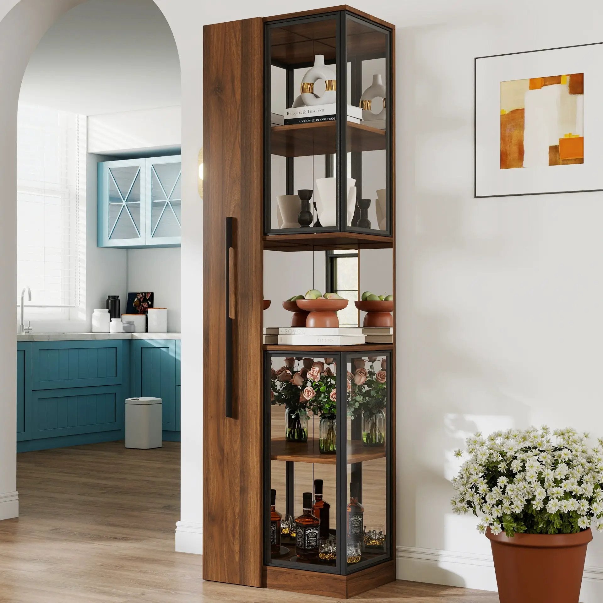 70" Display Cabinet with Glass Doors and Lights, Multi-Tier Storage by HouseOfZazla