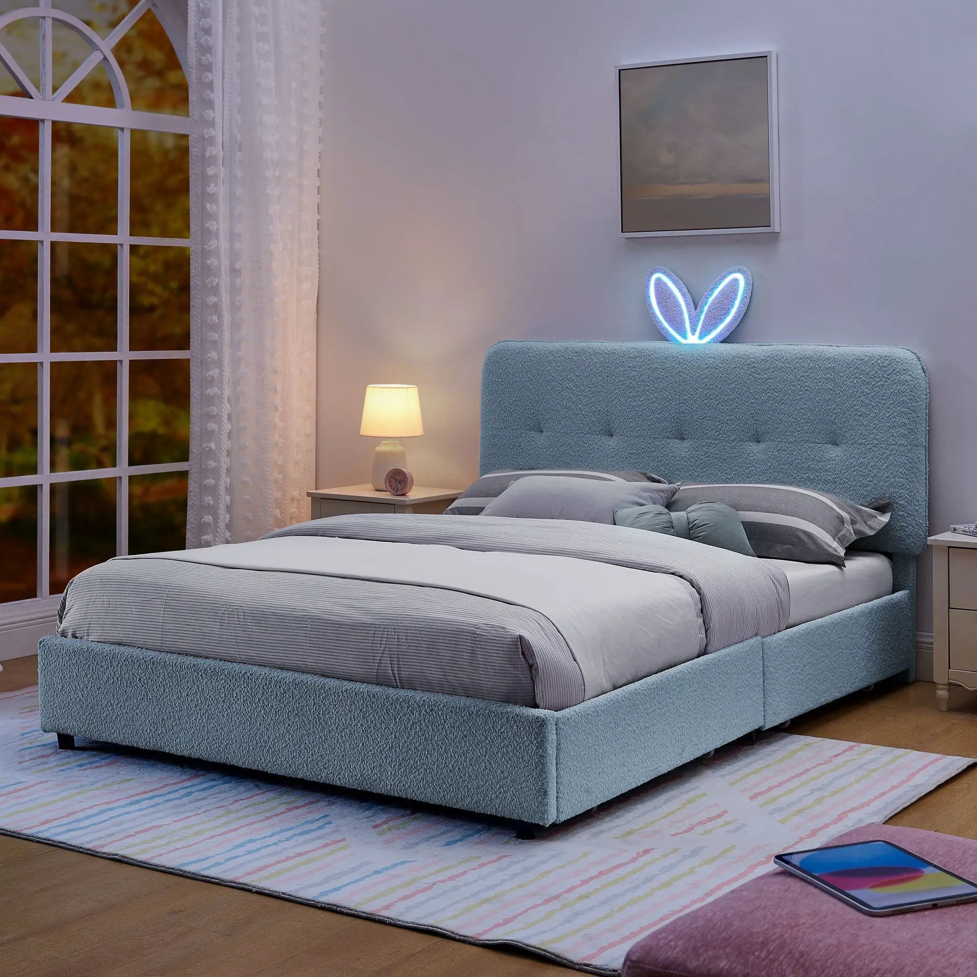 Upholstered Bed With Oversized Rabbit Ear Headboard, LED Lights & 4 Storage Drawers by Unique Piece Furniture