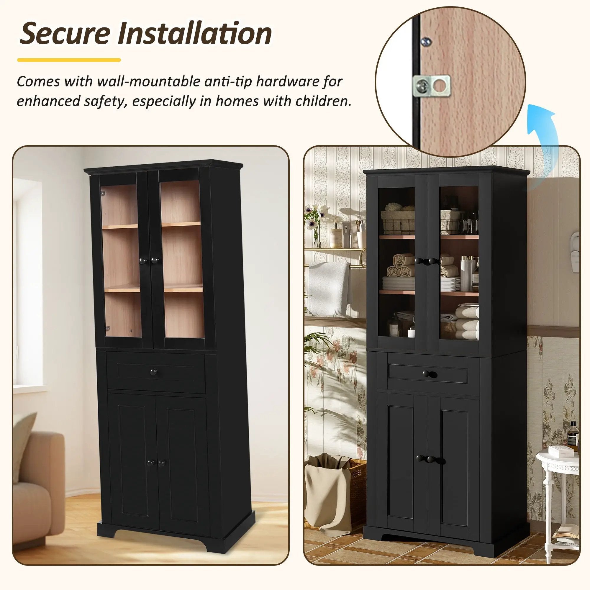 Bathroom Vanity & Tall Storage Cabinet Set With Doors, Adjustable Shelves, Soft Close Hinges, Sink