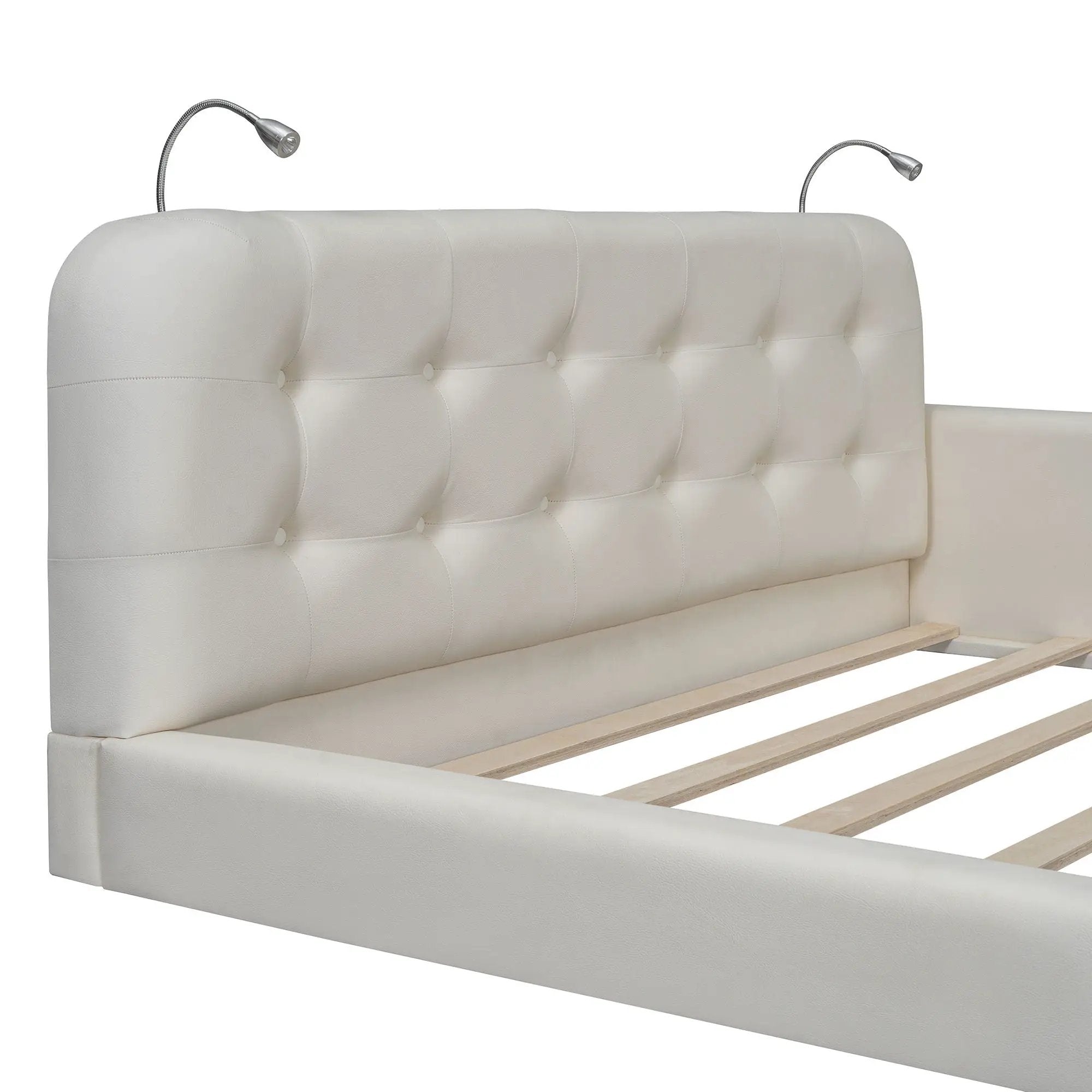 Queen Size Upholstered Platform Bed With 2 Reading Lights - White by HouseOfZazla