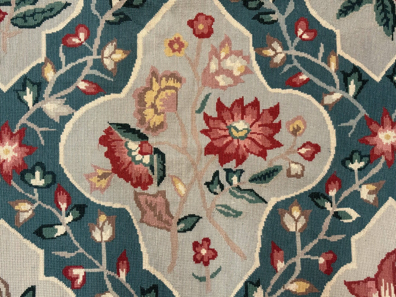 Teal Needlepoint Rug 6x9, Panel Design, Floral Bouquets, Handmade by Jewel Rugs