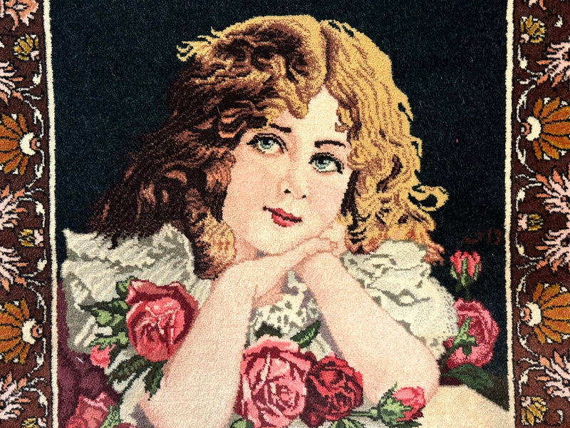 Small Persian Tabriz Pictorial Rug of Young Girl, Very Fine 380 KPSI, Portrait of Young Lady with Roses, Handmade, Persian Rug for Wall Hanging by Jewel Rugs