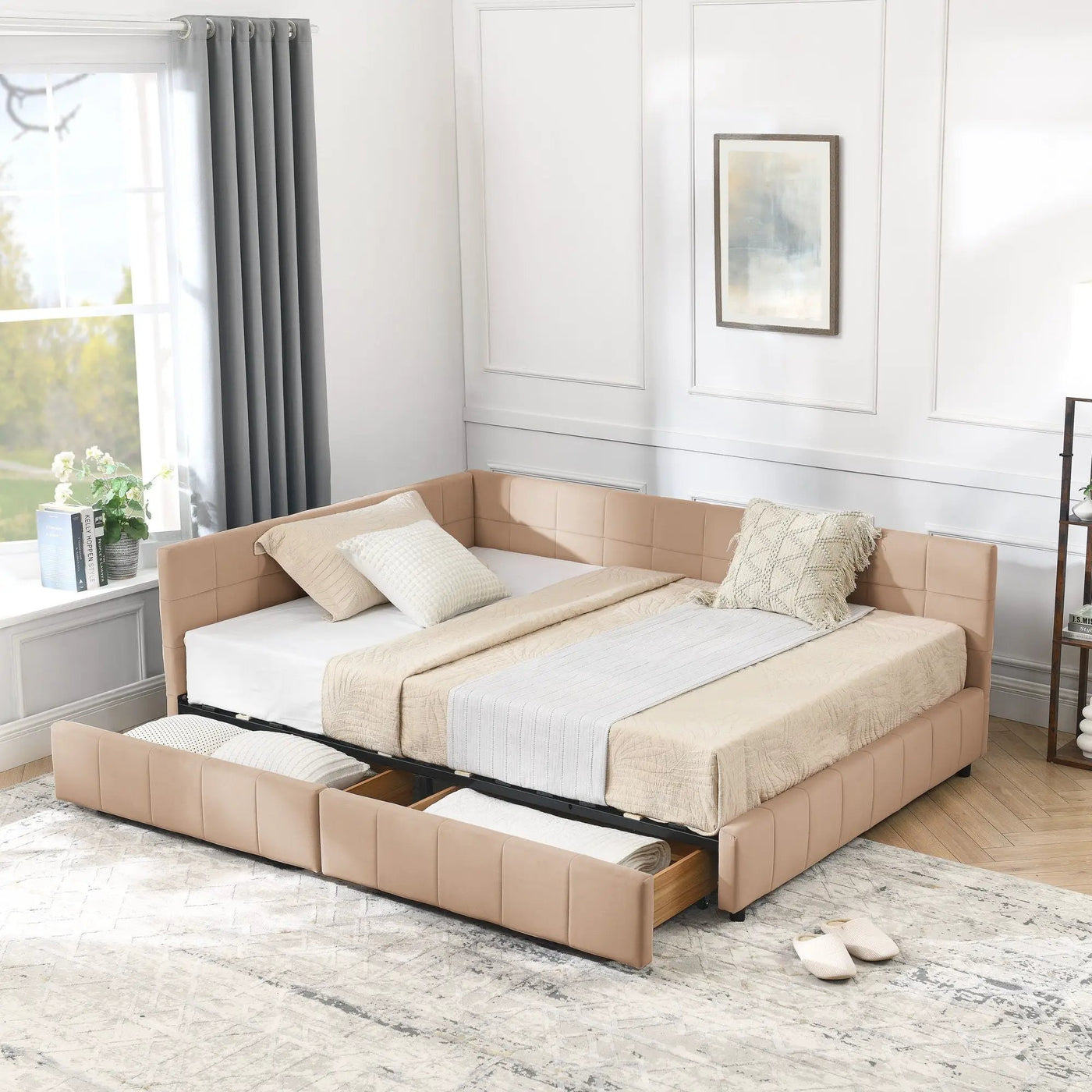 Mid-Century Storage Upholstered Tufted Bed Frame With Backrest And Armrests by Unique Piece Furniture
