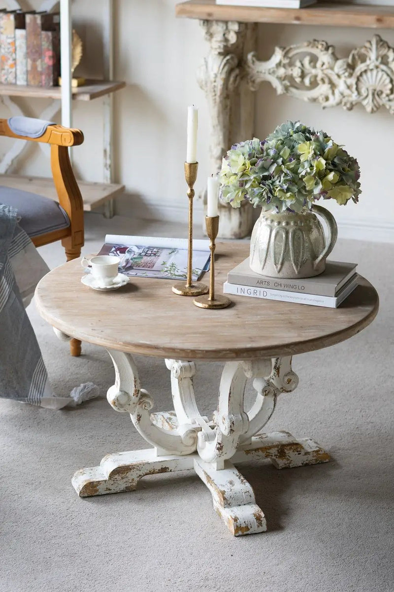 Round Wooden Coffee Table With Distressed Scrollwork Legs - Multicolor by HouseOfZazla