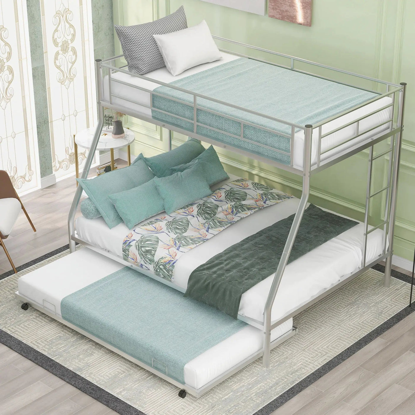 Bunk Bed With Steel Frame And Trundle, 2 Side Ladders by Unique Piece Furniture