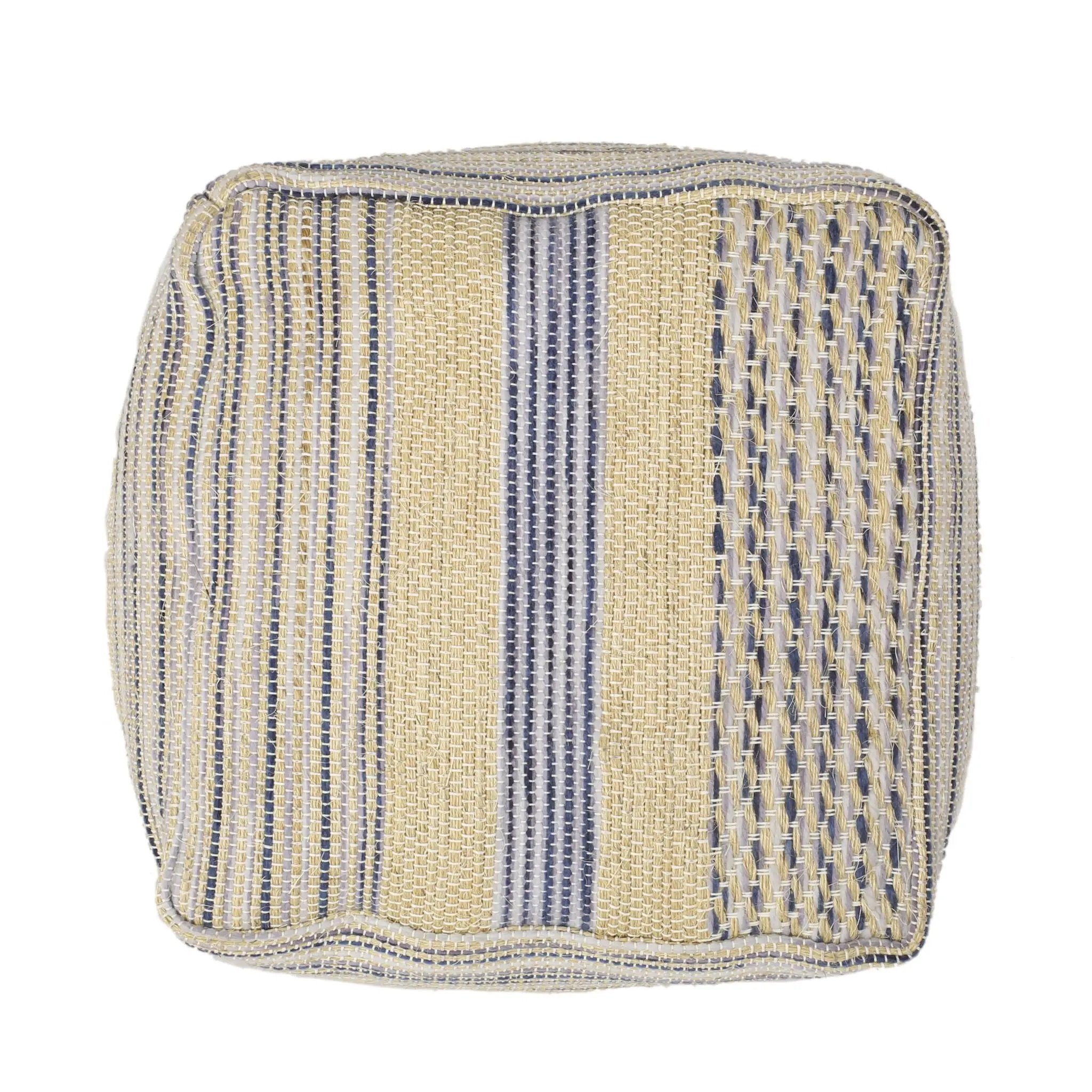 Western - Handcrafted Fabric Pouf, Durable - Natural / Blue by HouseOfZazla