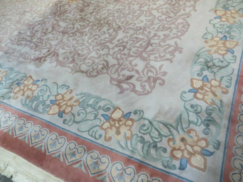 9' X 12' Vintage Handmade Chinese Carving Sculpture Wool Rug Flower Design Pink Carpet by Jewel Rugs