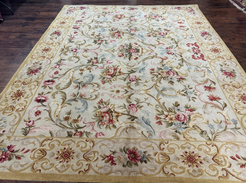 Aubusson Rug 8x10, French European Design, Vintage Handmade Wool Carpet, Aubusson Rug with Pile, Floral by Jewel Rugs