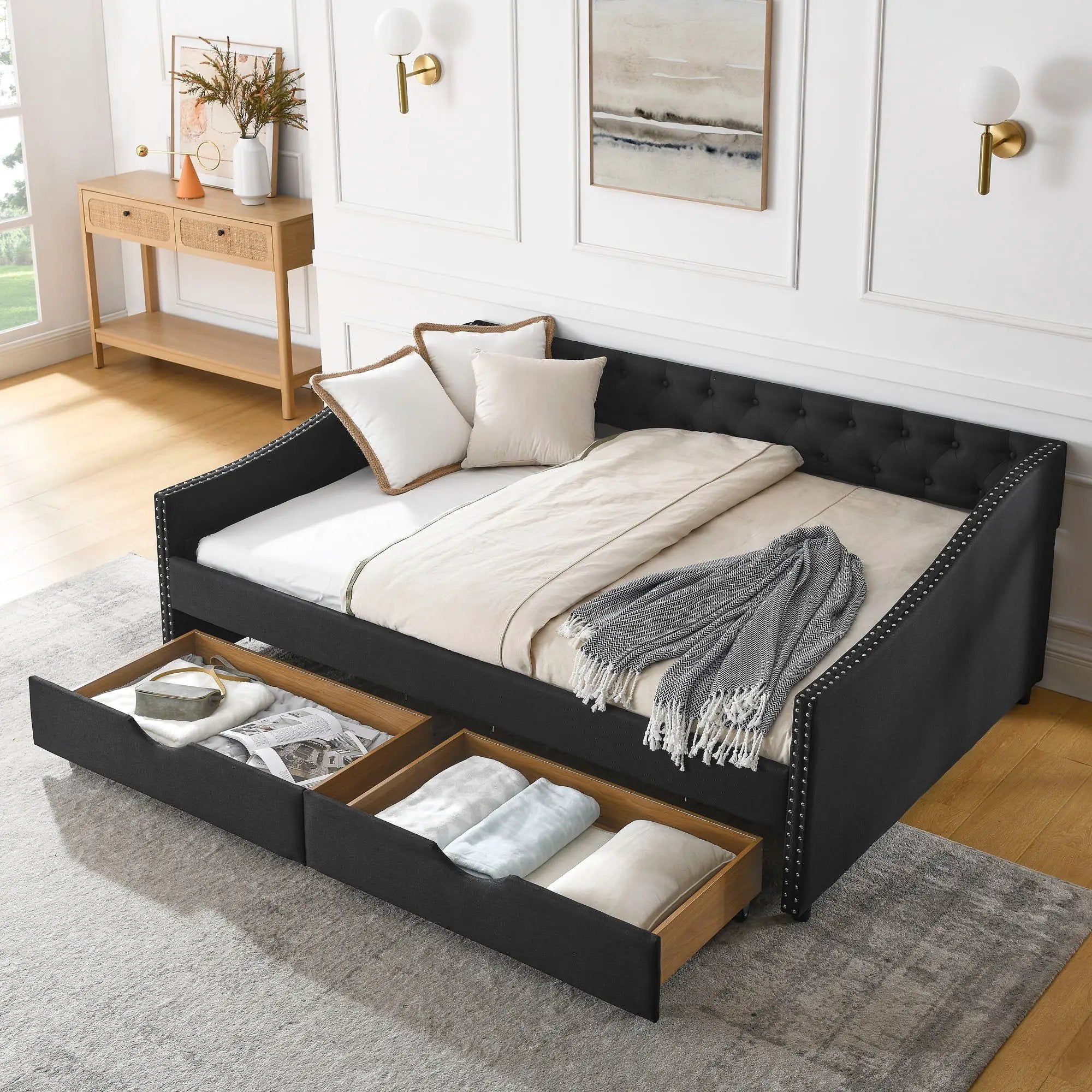 Upholstered Tufted Daybed With 2 Drawers, Waved Arms by Unique Piece Furniture