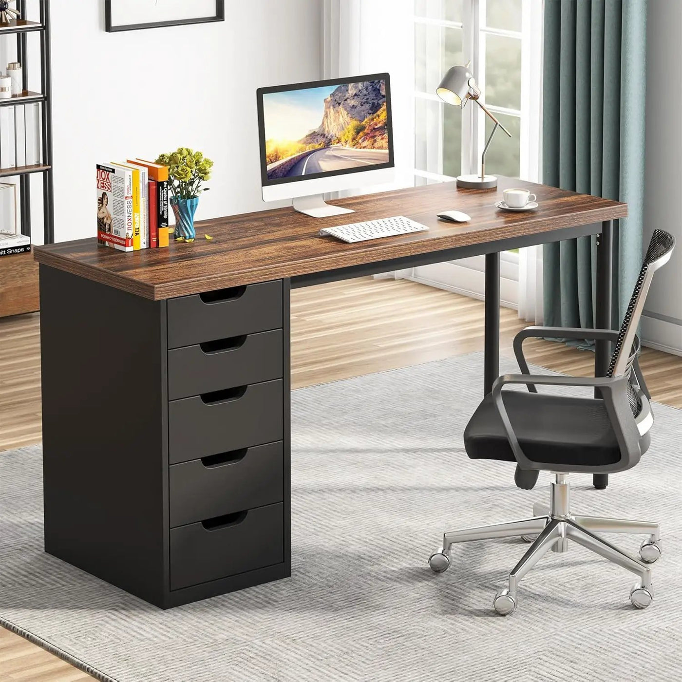 Computer Desk With 5 Drawers, Reversible Cabinet Design by HouseOfZazla