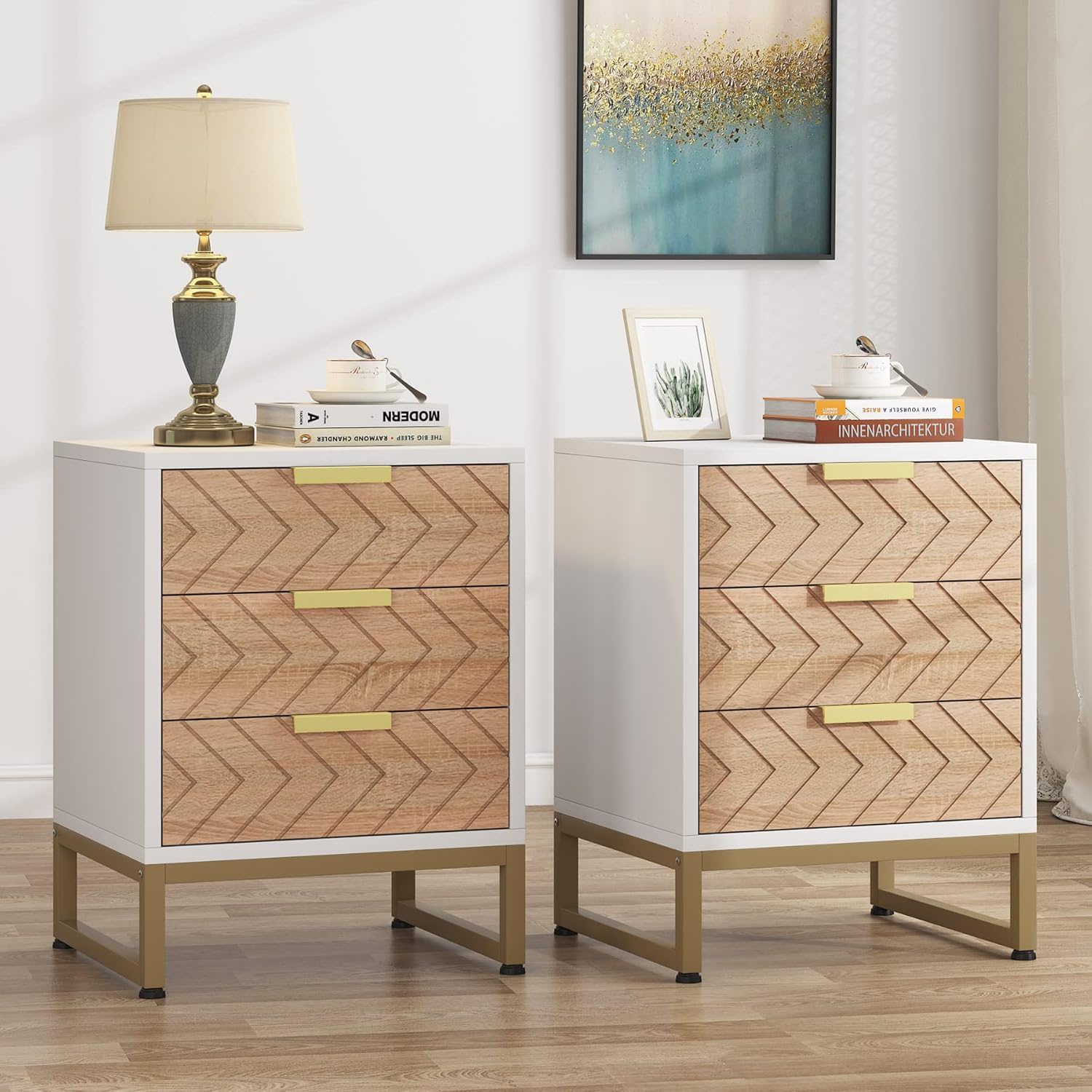 Nightstands With 3 Drawers, Zig Zag Design (Set of 2) - White / Oak by HouseOfZazla