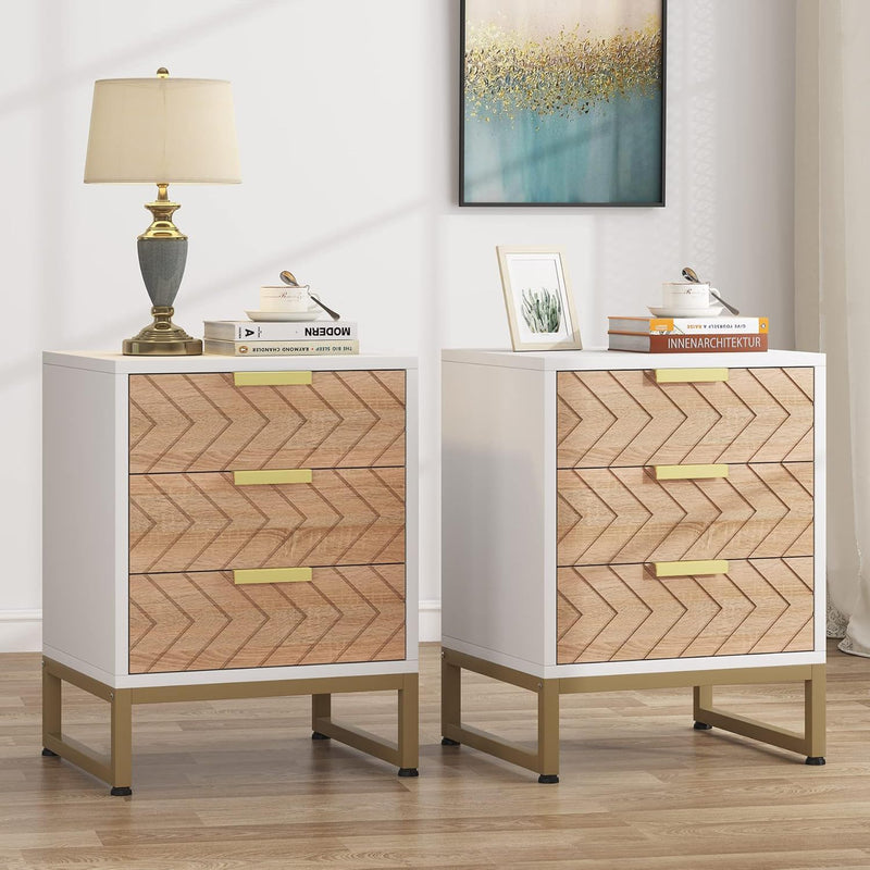 Nightstands With 3 Drawers, Zig Zag Design (Set of 2) - White / Oak by HouseOfZazla