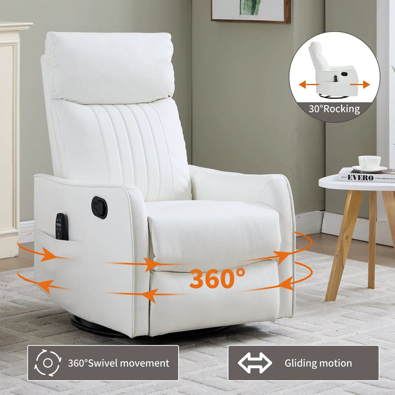 White Heat Massage Manual Recliner Chair with Rocker and Swivel in Faux Leather by HouseOfZazla