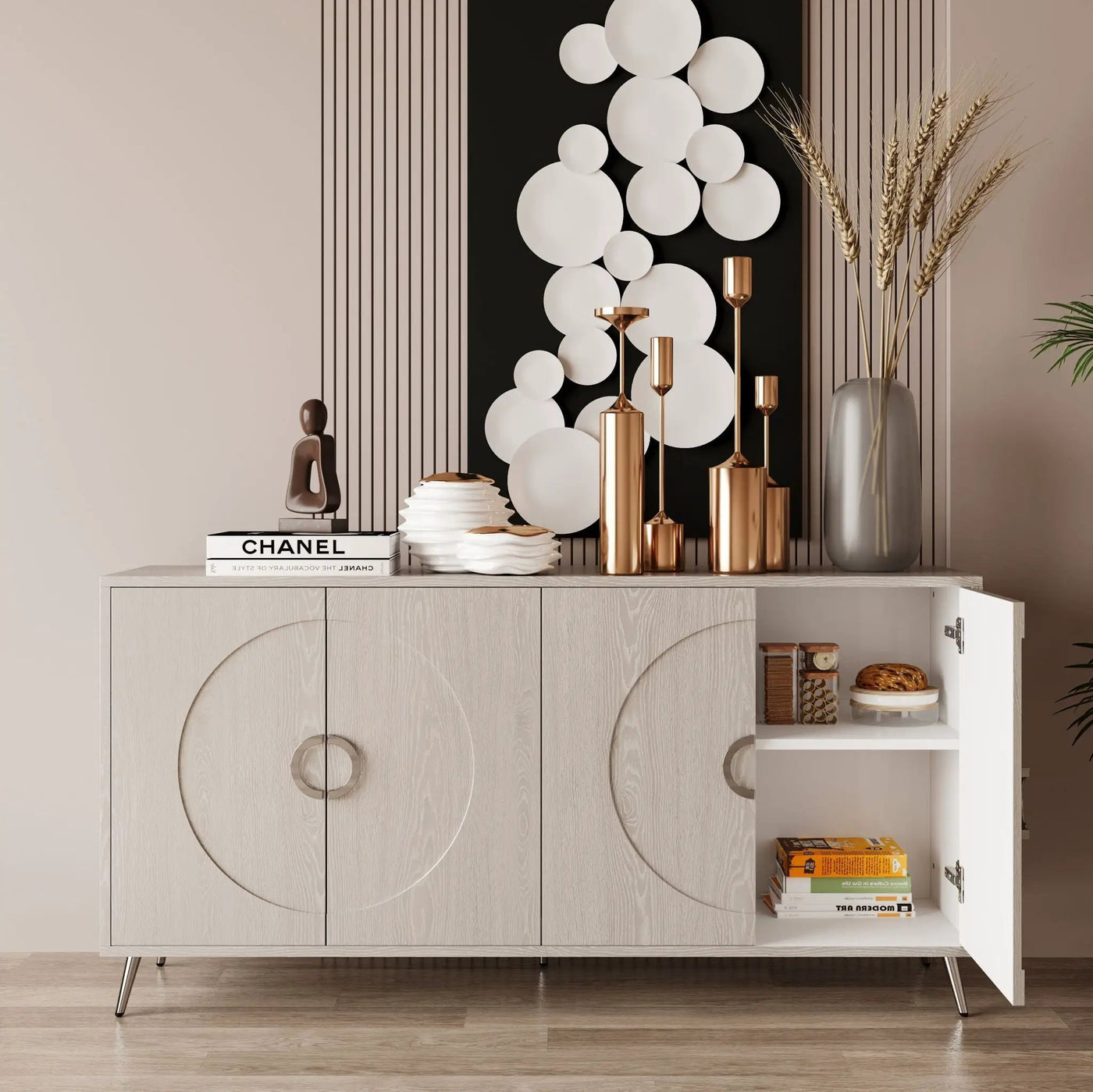 Modern Lacquered 4 Door Wooden Cabinet Sideboard Buffet Server Cabinet Storage Cabinet, For Living Room, Entryway, Hallway, Office, Kitchen And Dining Room by HouseOfZazla