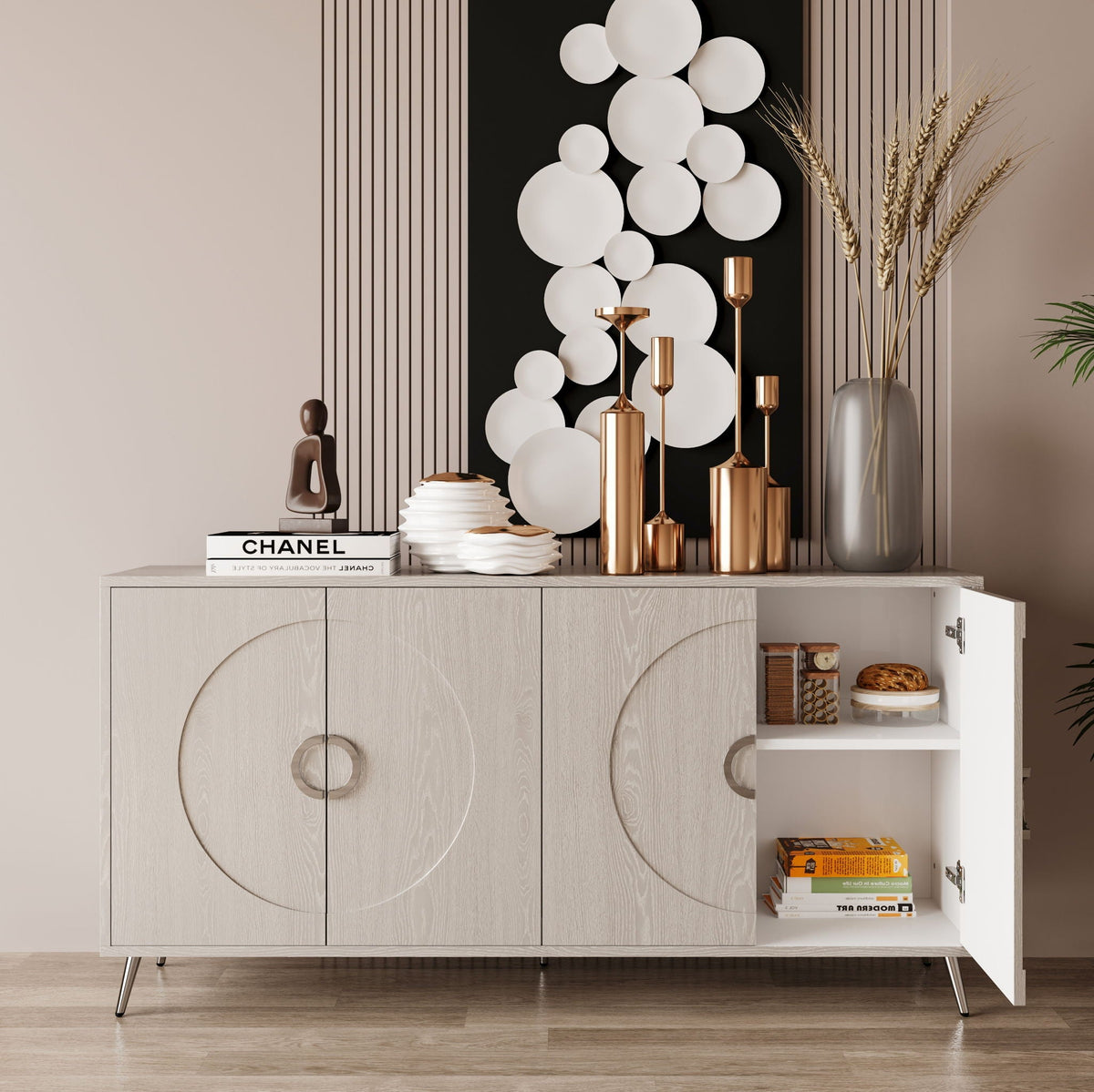 Modern Lacquered 4 Door Wooden Sideboard with Adjustable Shelves - Pearl Silver, Blue, Black, photo 6 of 12