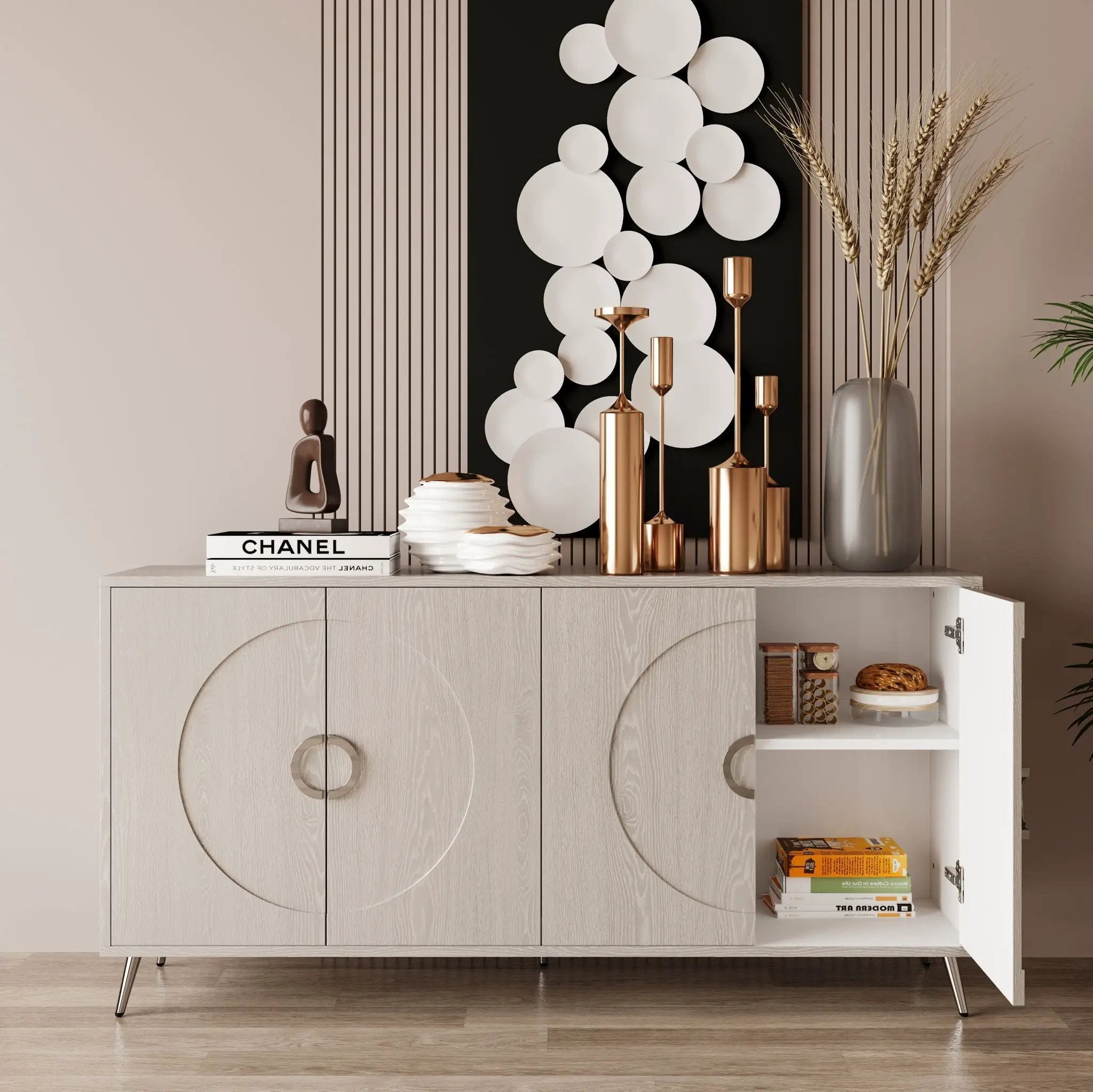 Modern Lacquered 4 Door Wooden Cabinet Sideboard Buffet Server Cabinet Storage Cabinet, For Living Room, Entryway, Hallway, Office, Kitchen And Dining Room by HouseOfZazla