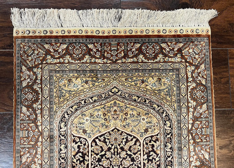 Turkish Silk Hereke Rug 2x3, Floral Vase Tree of Life Birds, Silk Pile on Silk Foundation, Vintage Oriental Carpet, Very Fine, Signature by Jewel Rugs