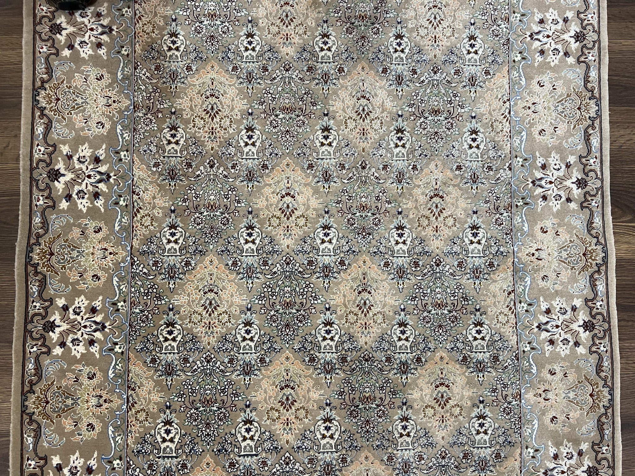 Super Fine Persian Isfahan Rug 3x5 ft, Kork Wool on Silk Foundation, Repeated Floral Motif, Taupe Tan Hand Knotted Oriental Carpet 3 x 5 ft, Signed by Jewel Rugs