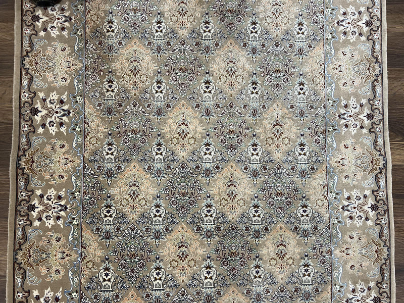 Super Fine Persian Isfahan Rug 3x5 ft, Kork Wool on Silk Foundation, Repeated Floral Motif, Taupe Tan Hand Knotted Oriental Carpet 3 x 5 ft, Signed by Jewel Rugs