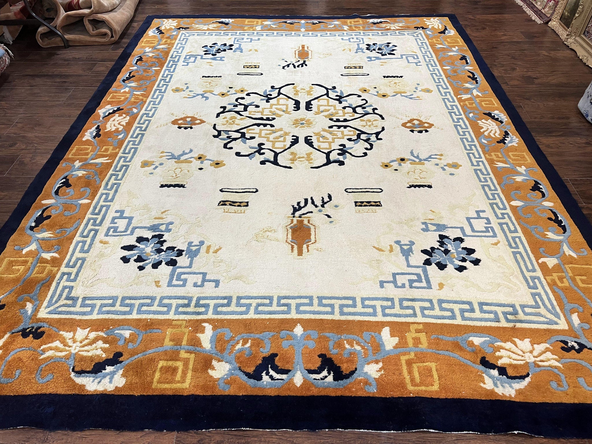 Indo Chinese Rug 9x12, Asian Oriental Carpet 9 x 12, Cream & Burnt Orange, Handmade Wool Vintage Art Deco Rug by Jewel Rugs