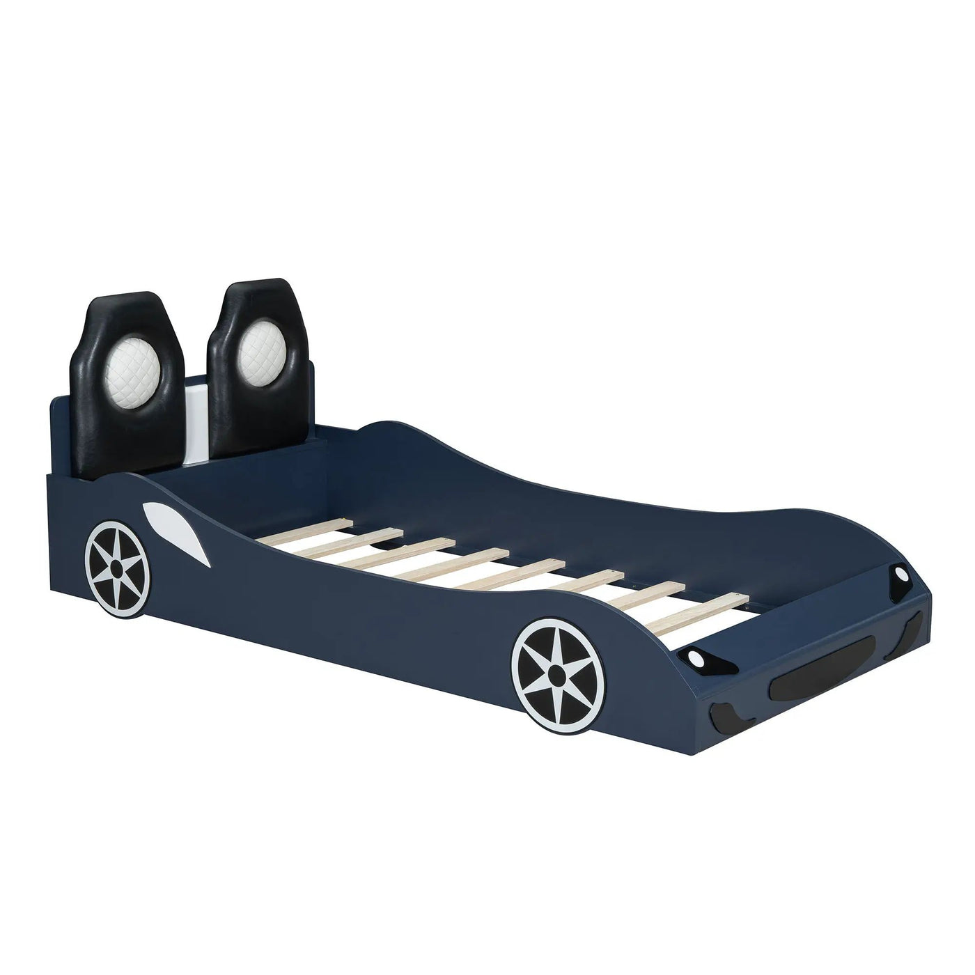Race Car Shaped Platform Bed With LED And Upholstered Backrest In by HouseOfZazla