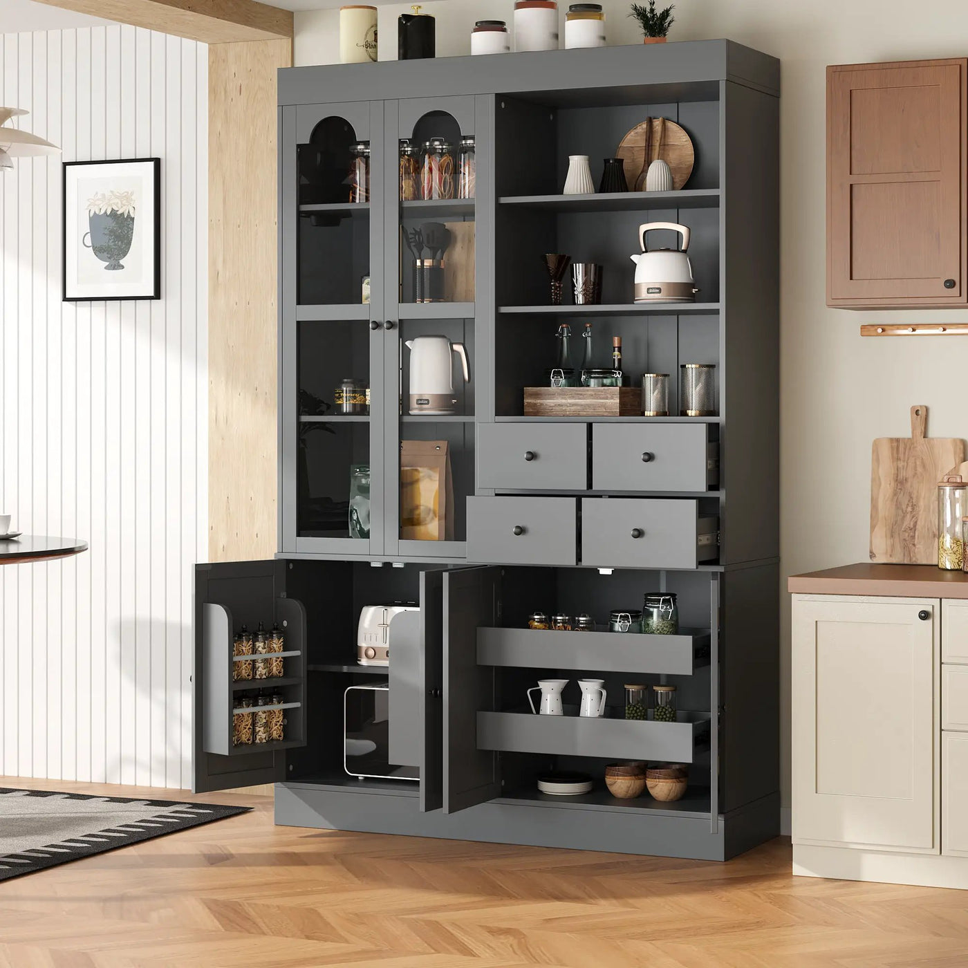 TOPMAX Freestanding Buffet With Hutch - Tall Kitchen Pantry Cabinet by HouseOfZazla